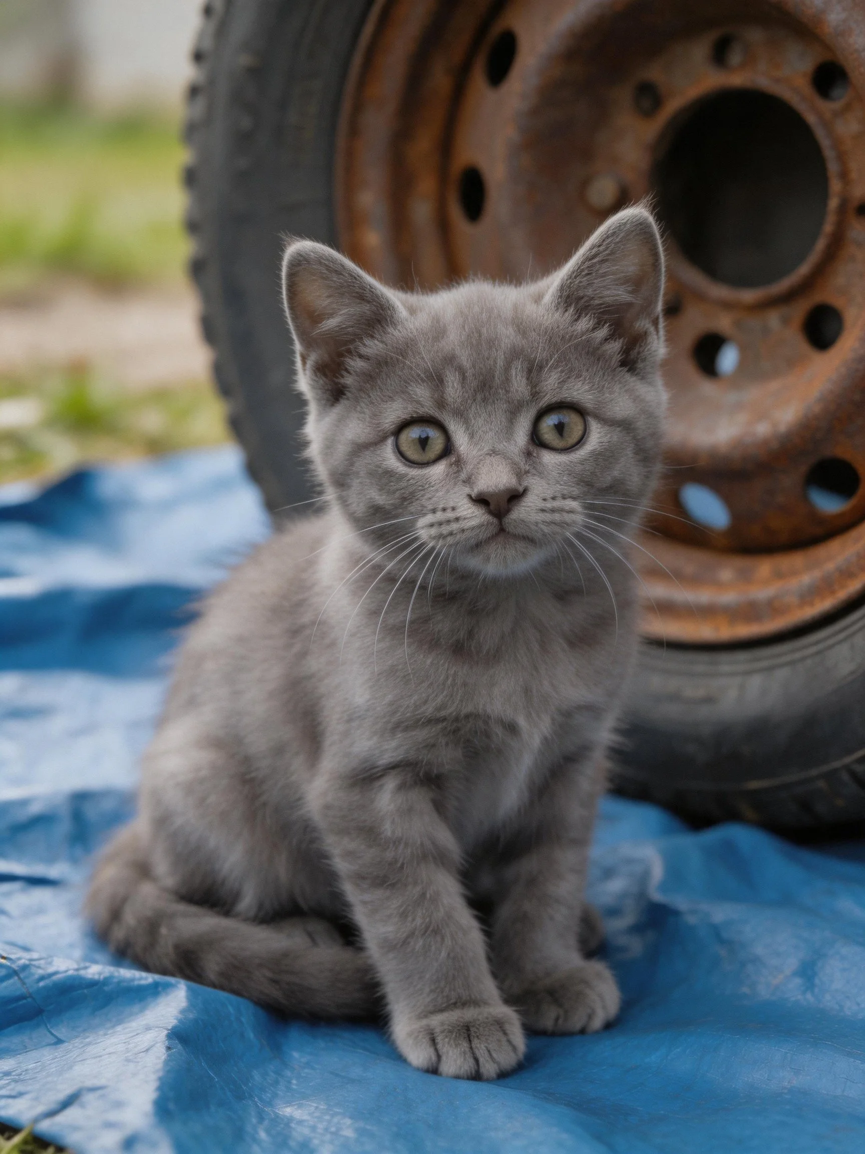 A gray kitten sits beside a rusted car wheel on a blue tarp