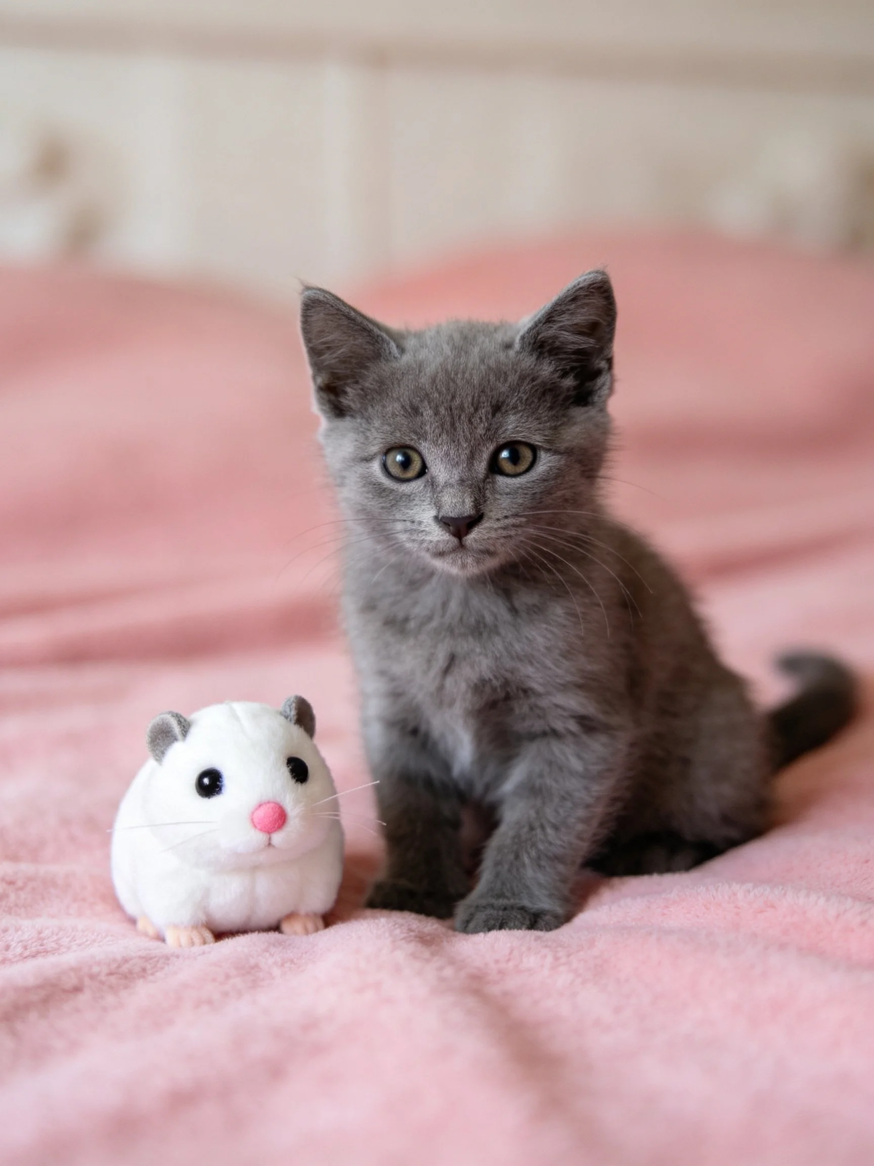 A gray kitten sits next to a white plush toy on a pink surface.