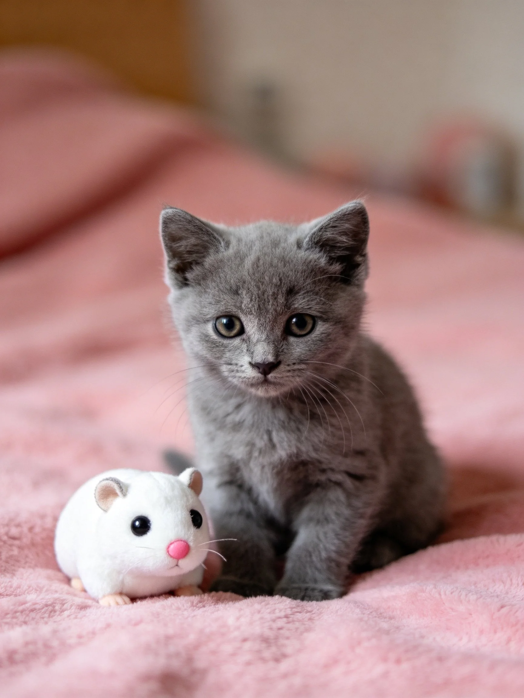 A gray kitten sits near a white plush mouse on a soft pink blanket.