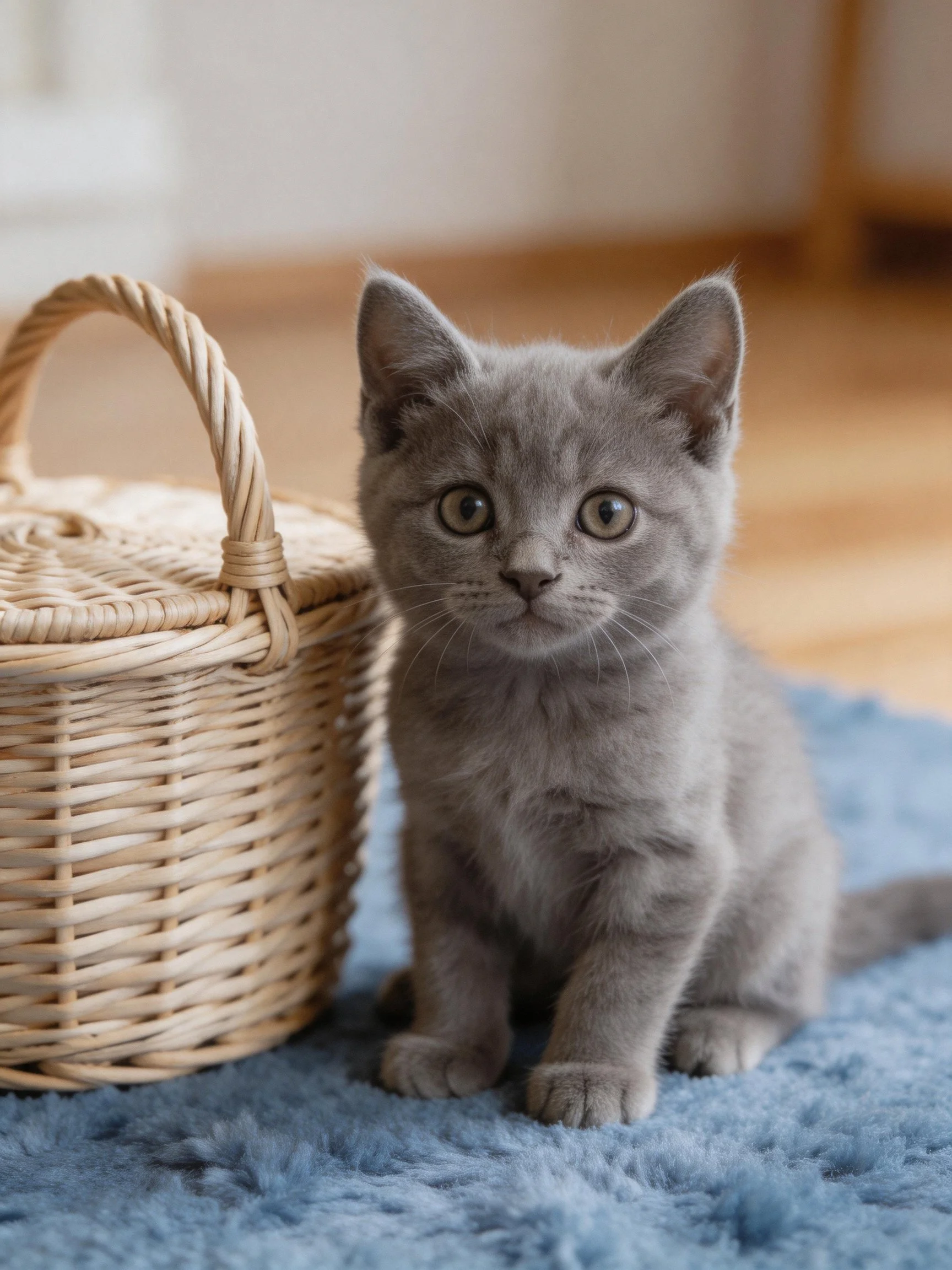 A gray kitten sits next to a wicker basket on a blue rug.