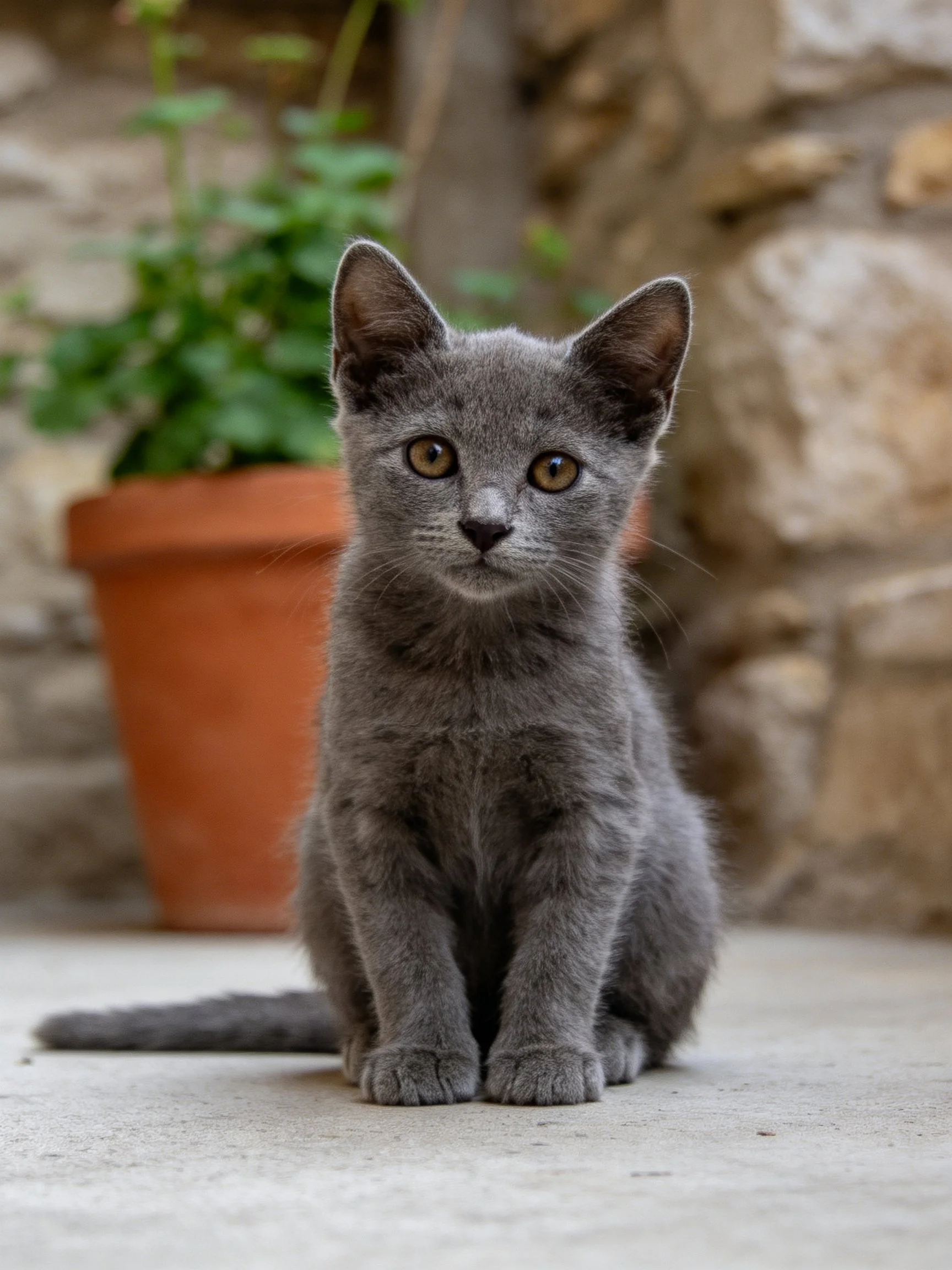 A gray kitten sits calmly next to a terracotta pot near a stone wall.