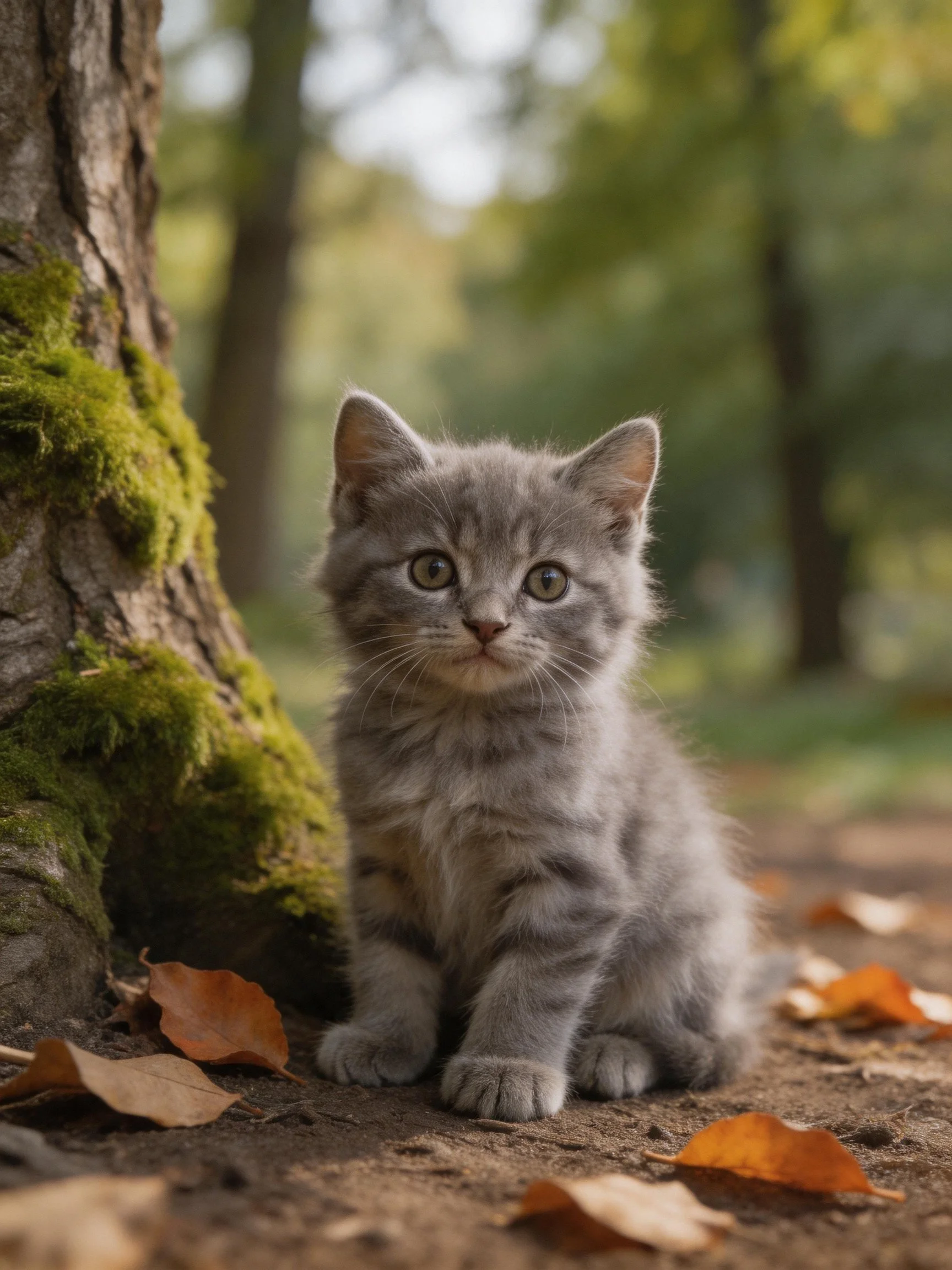 A gray kitten sits by a mossy tree trunk among autumn leaves
