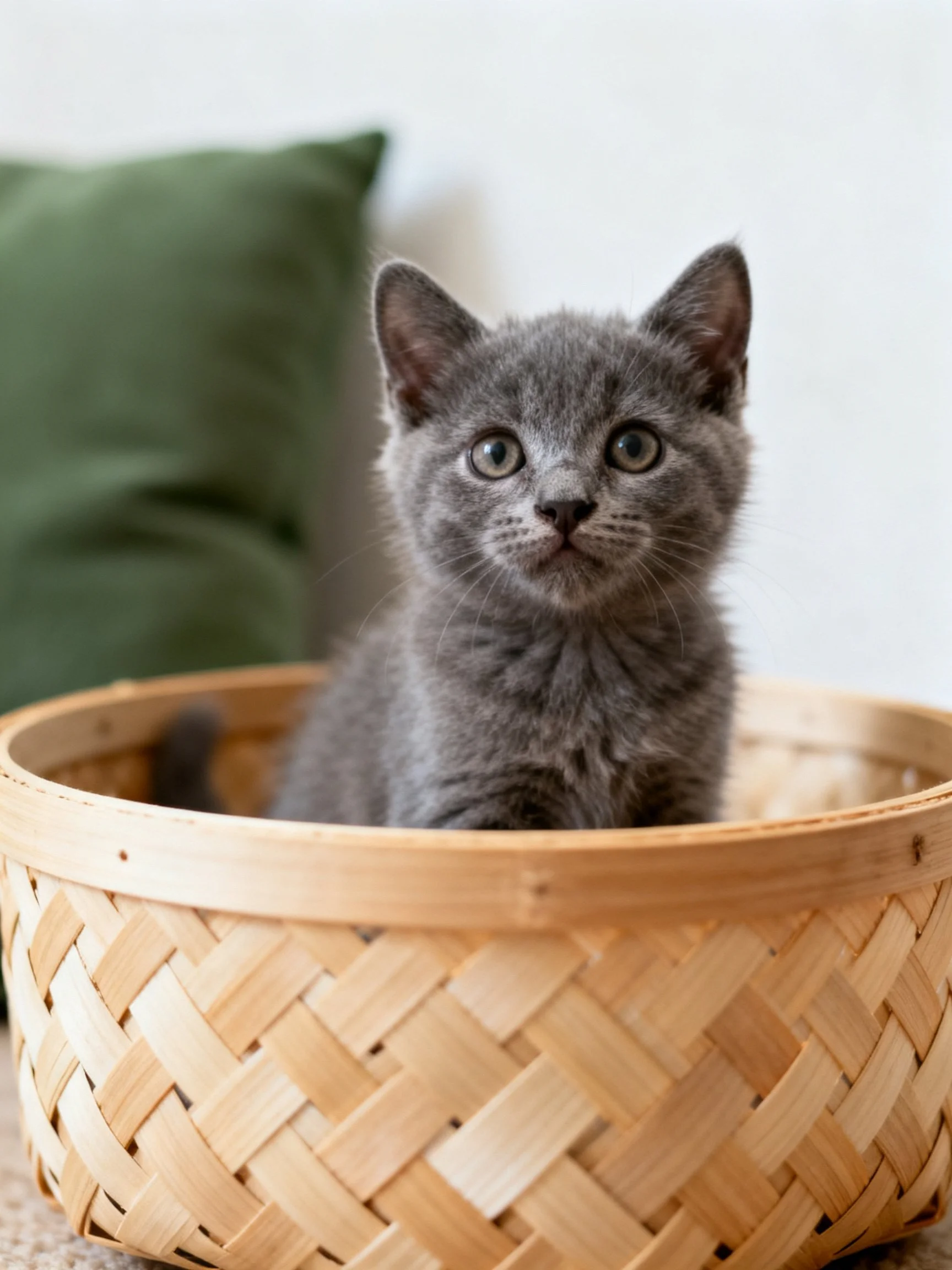A gray kitten rests in a woven wooden basket beside a green cushion.