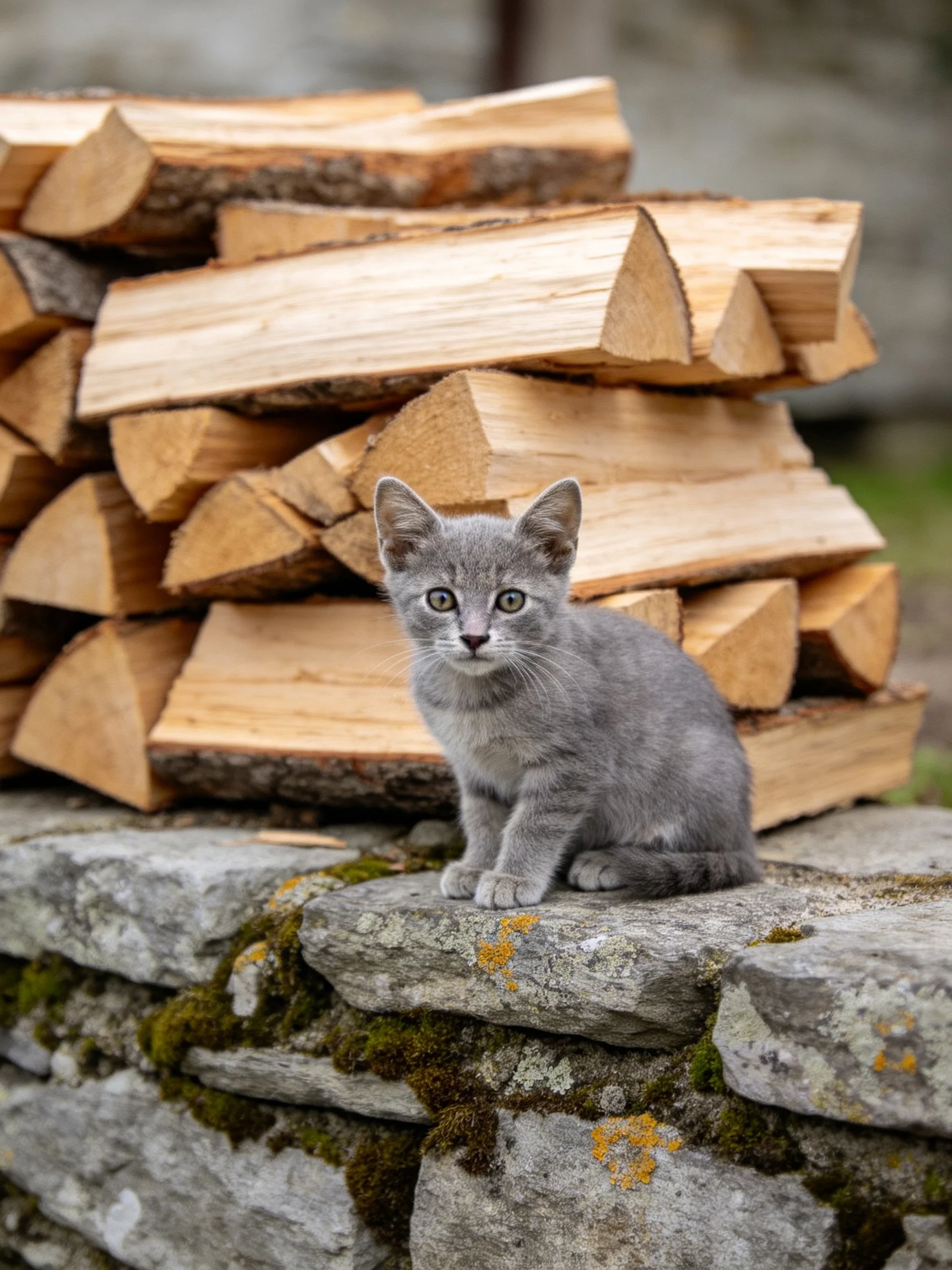 A gray kitten sits near stacked firewood on a mossy stone wall