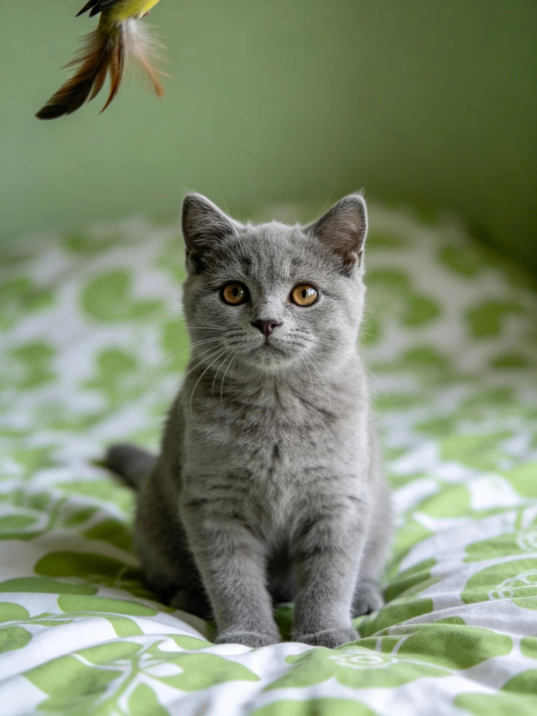A gray kitten sits attentively on a green-patterned bed near a feather toy.