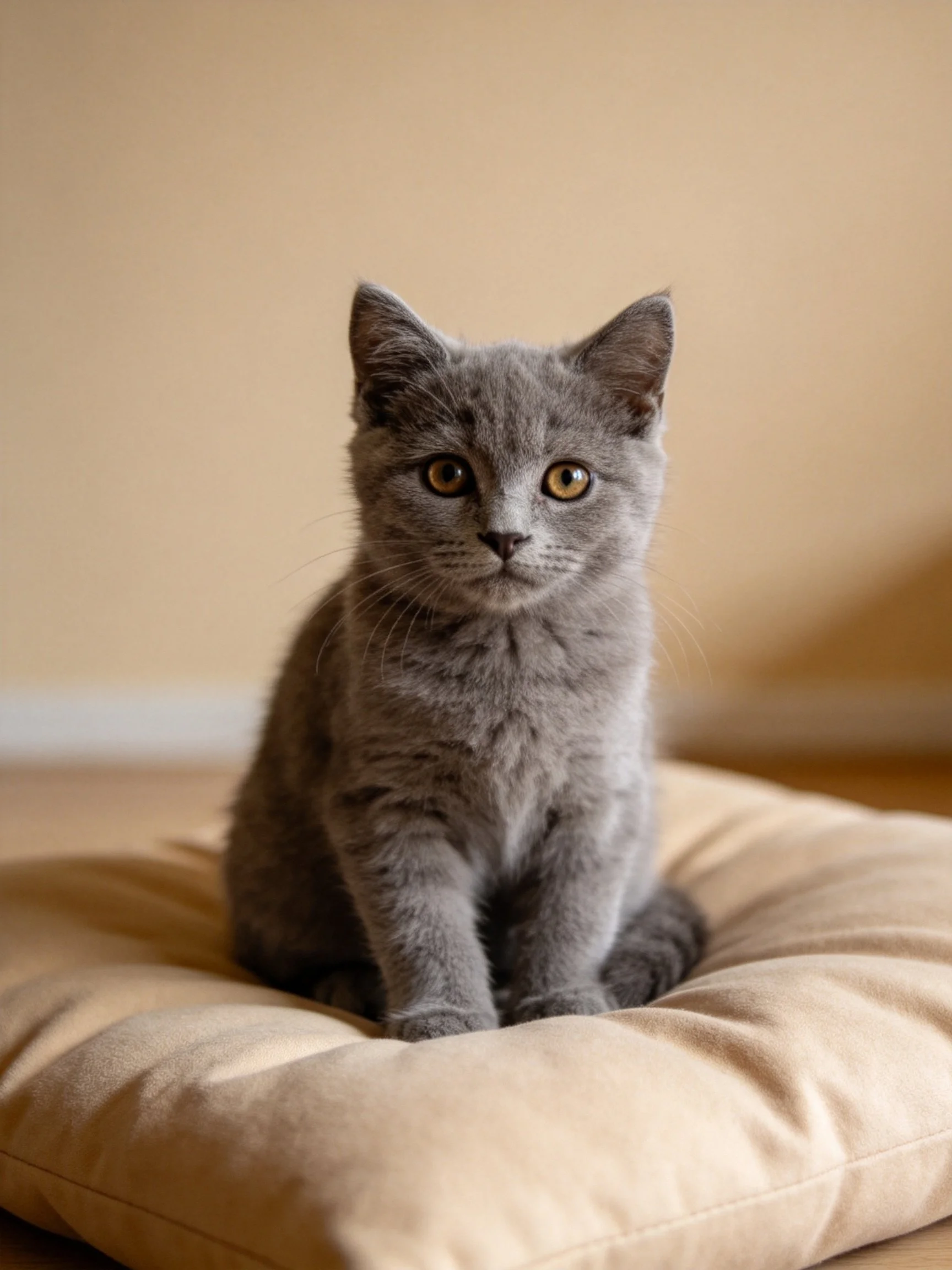A gray kitten sits on a plush beige cushion against a soft beige wall.