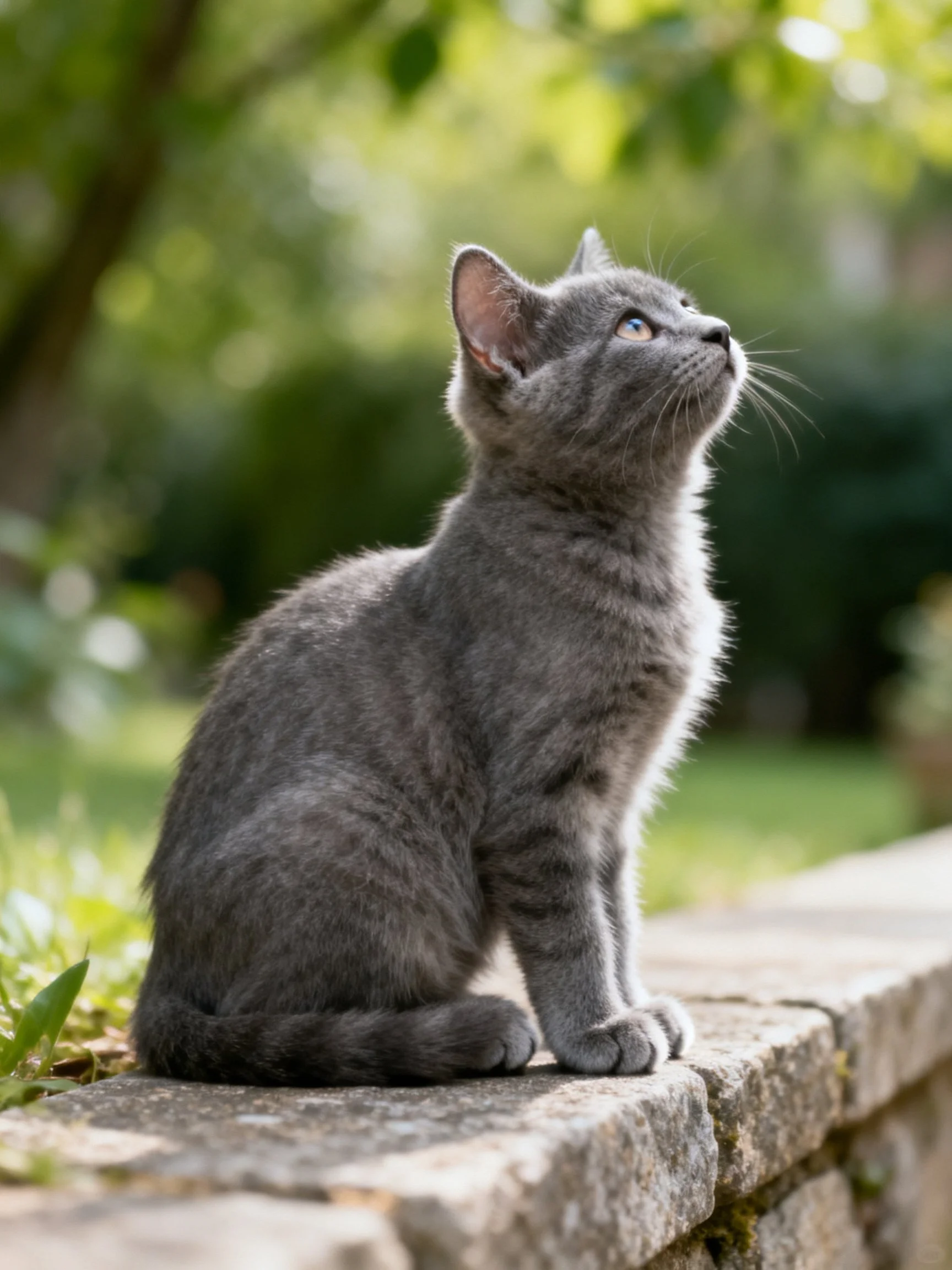 A gray kitten sits on a stone ledge amidst greenery