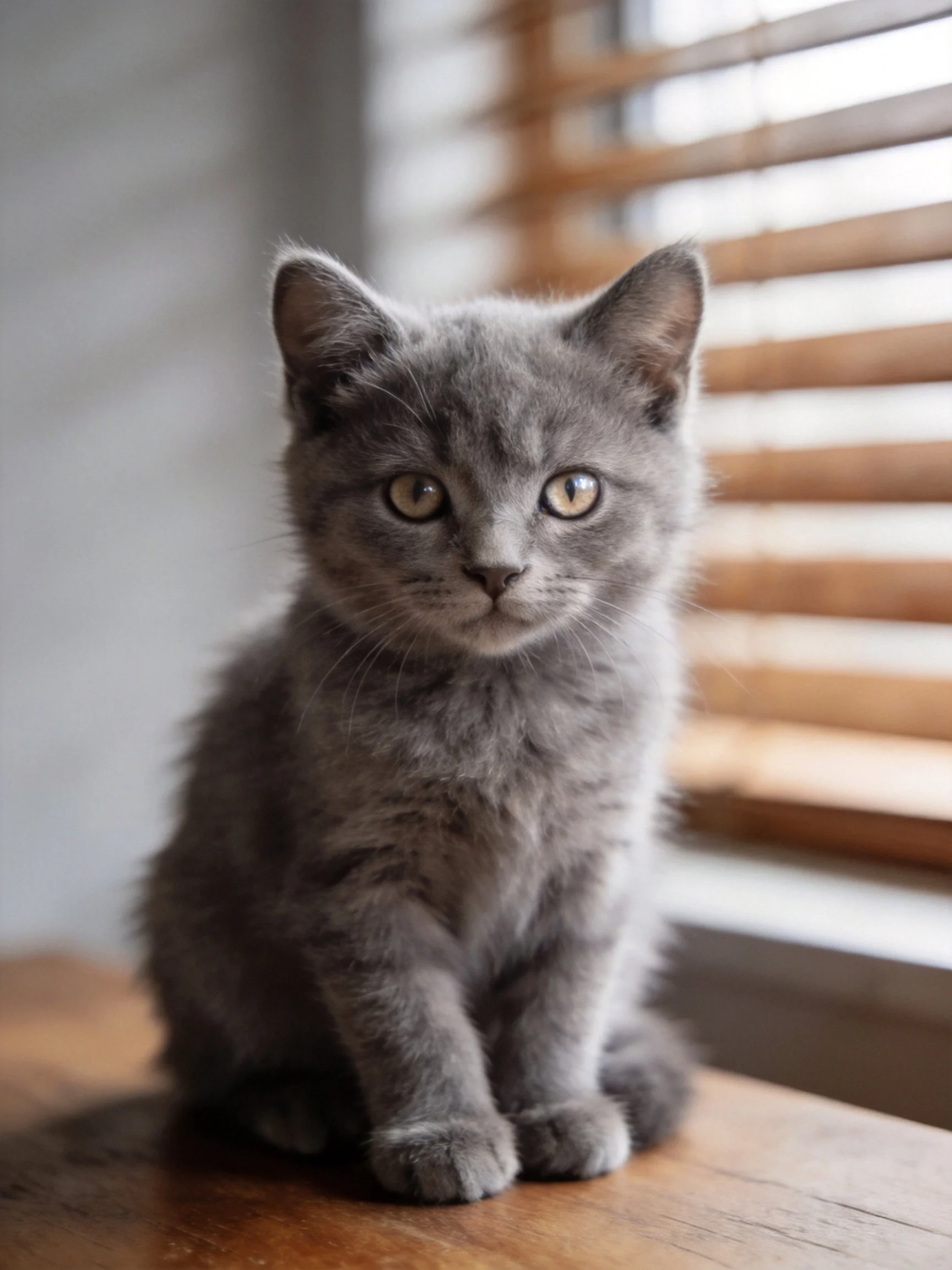 A gray kitten sits calmly on a wooden surface beside window blinds.