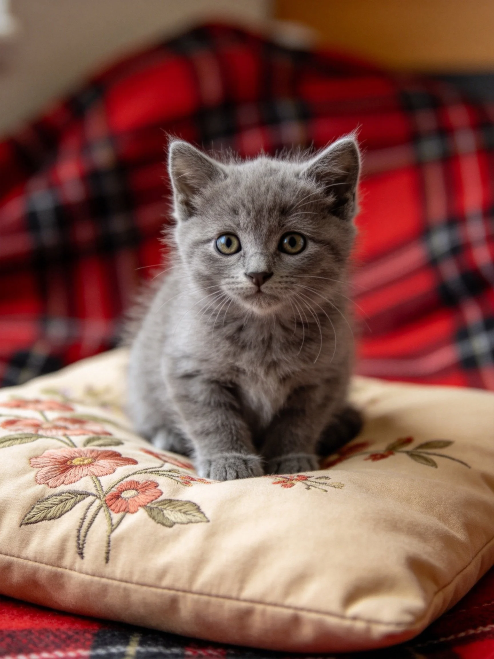A gray kitten rests on a floral cushion atop red plaid fabric.