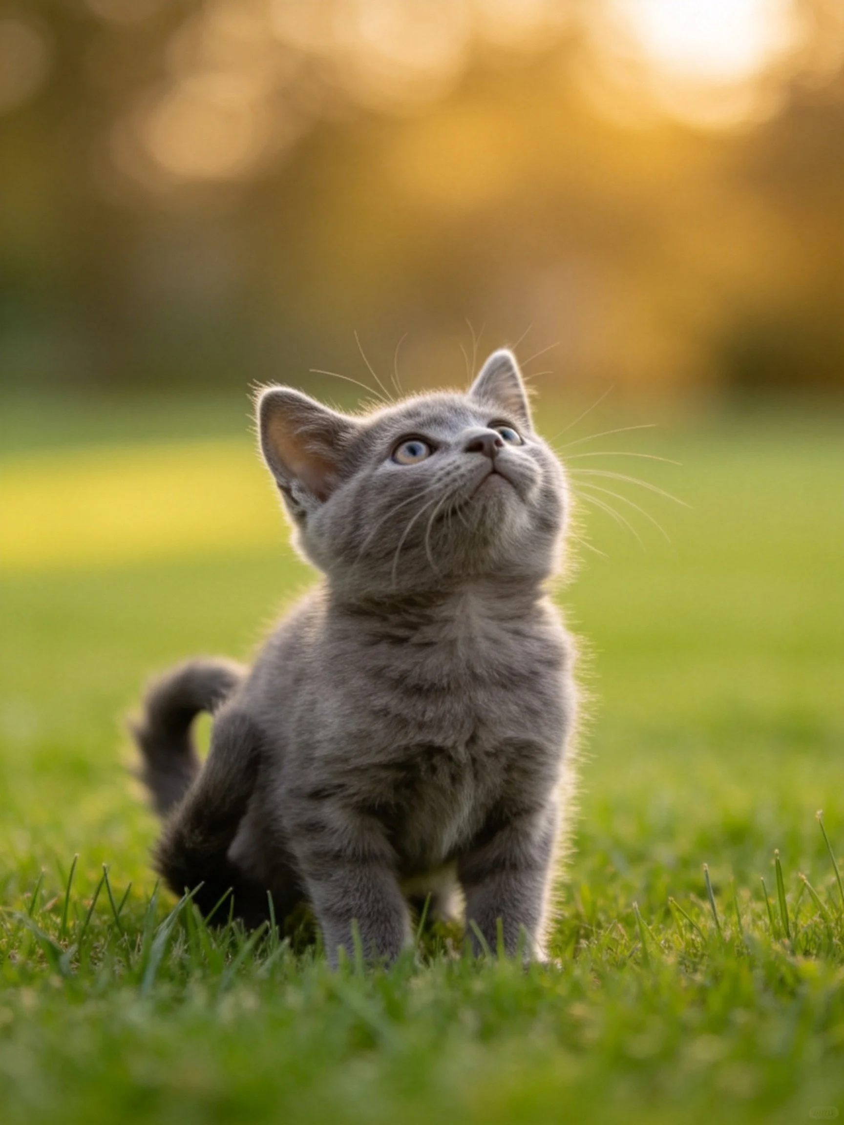 A gray kitten gazes upward while resting on lush green grass in a sunlit outdoor setting.