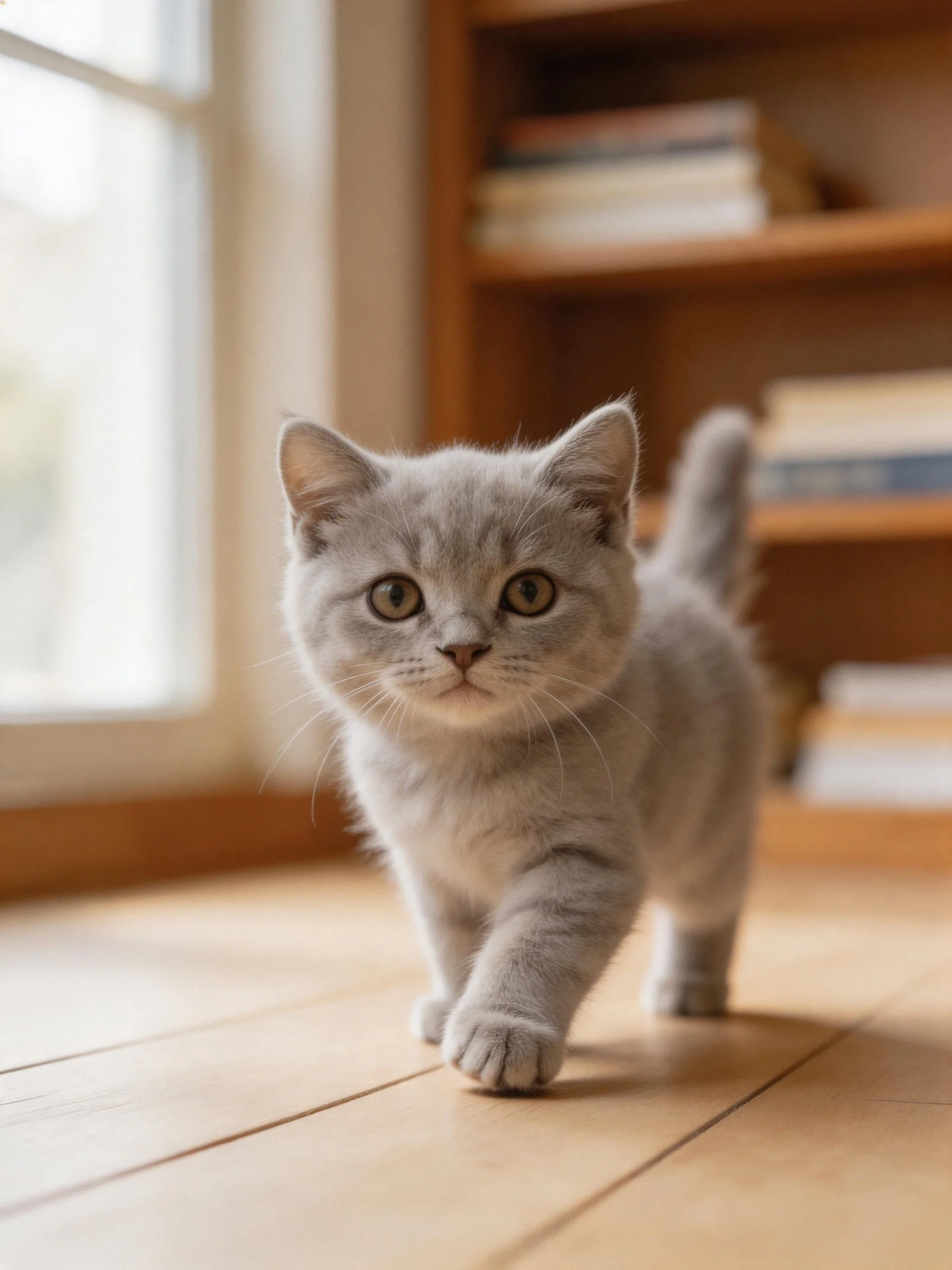 A gray kitten walking on a wooden floor near a bookshelf