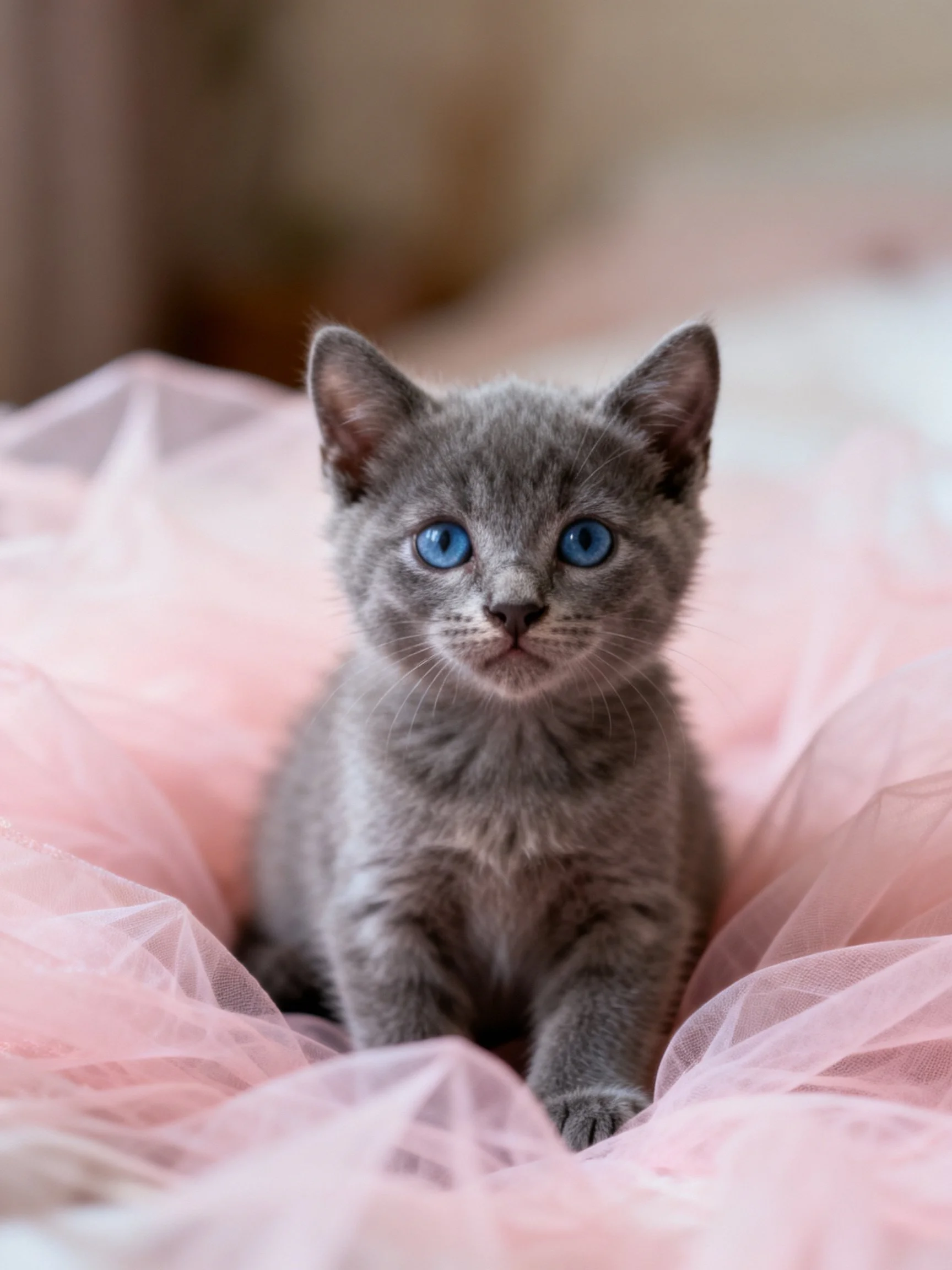 A gray kitten with blue eyes sits on pink tulle fabric in a softly lit setting.