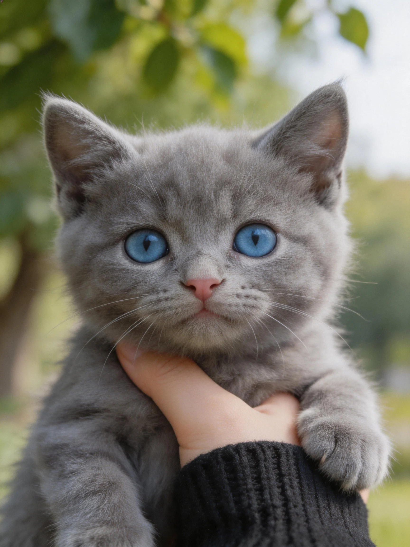 A gray kitten with bright blue eyes is held outdoors.