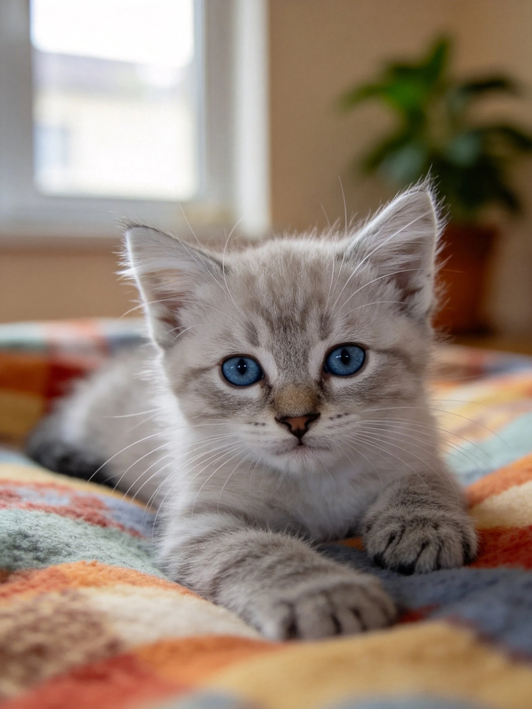 A gray kitten with bright blue eyes relaxes on a vibrant blanket by a window