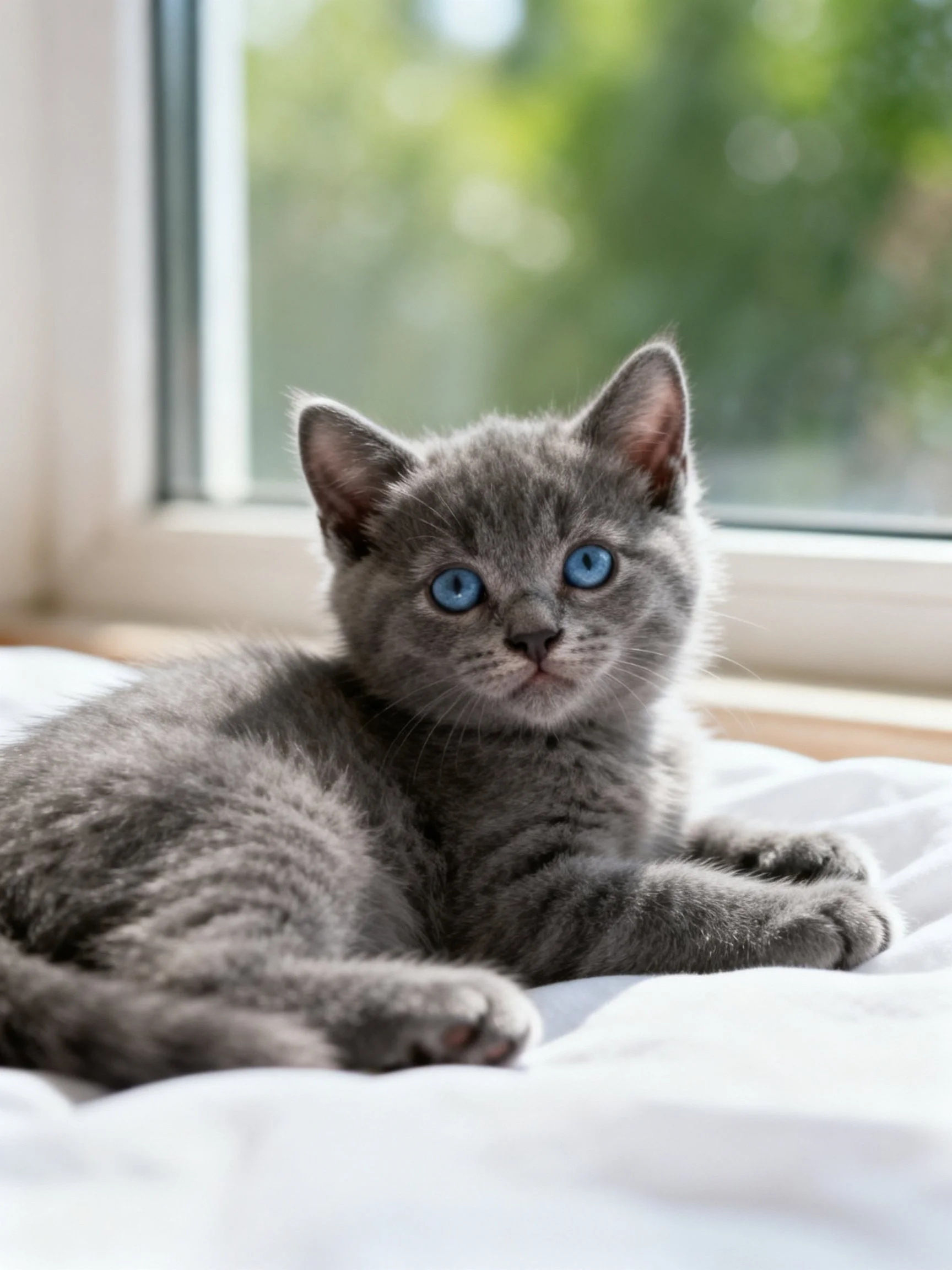 A gray kitten with blue eyes relaxes on white fabric beside a sunlit window.