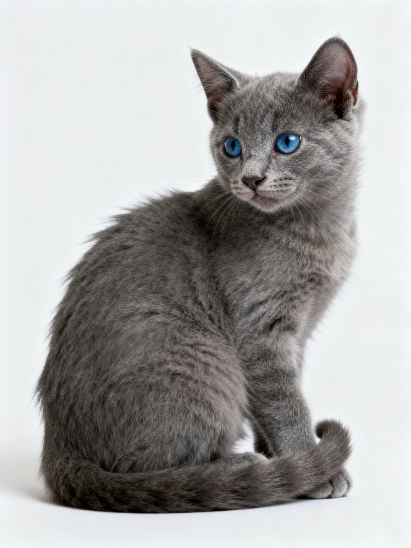 A gray kitten with blue eyes sits calmly against a white background.