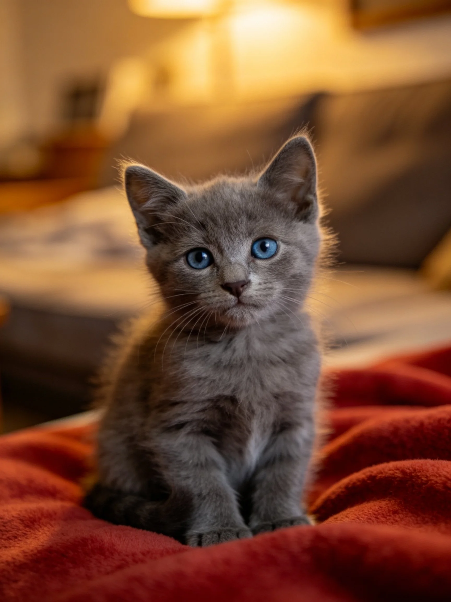 A gray kitten with blue eyes sits on a red blanket in a cozy room