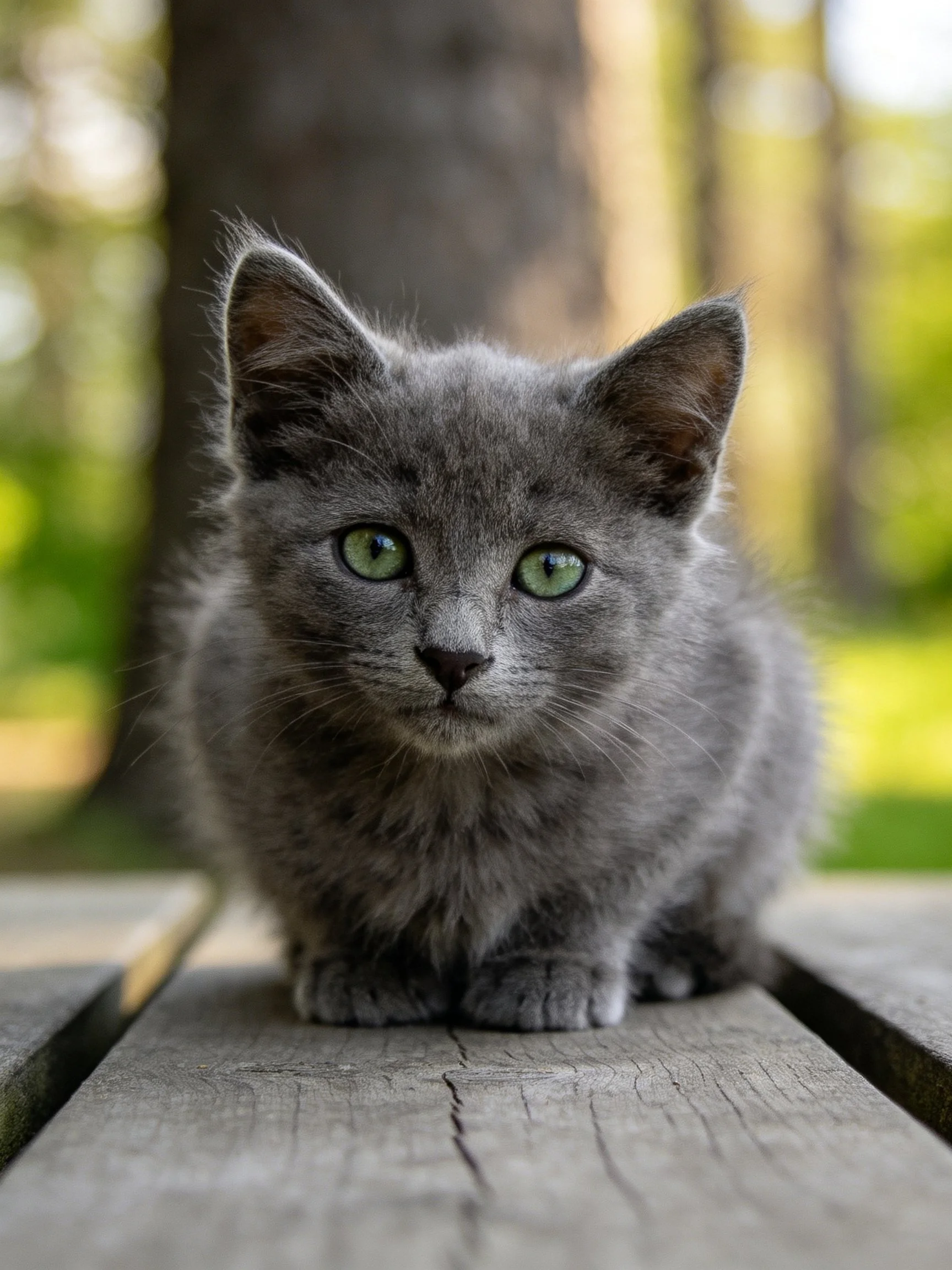 A gray kitten with green eyes sits on a wooden surface in an outdoor setting