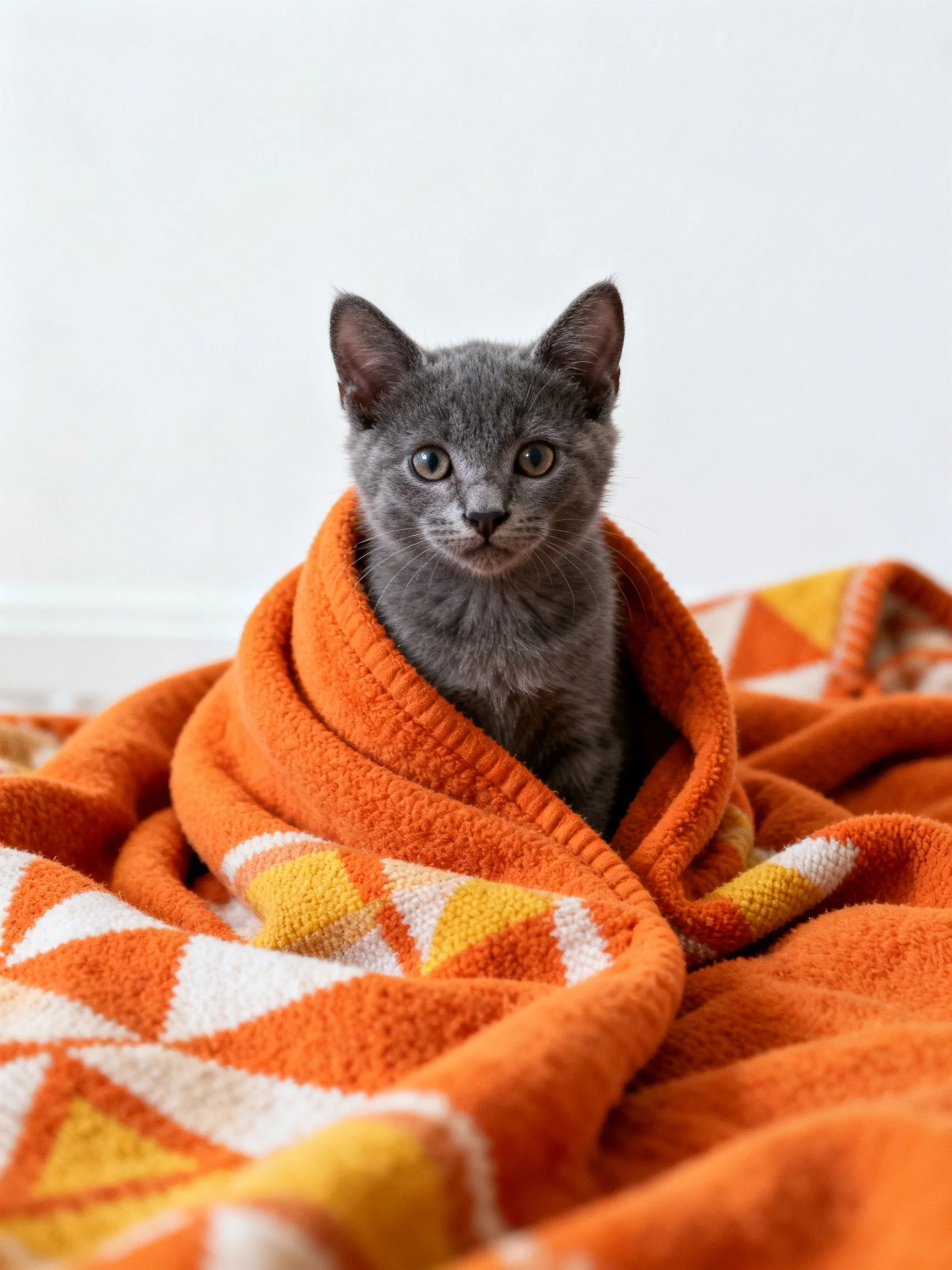 A gray kitten wrapped in an orange geometric-patterned blanket