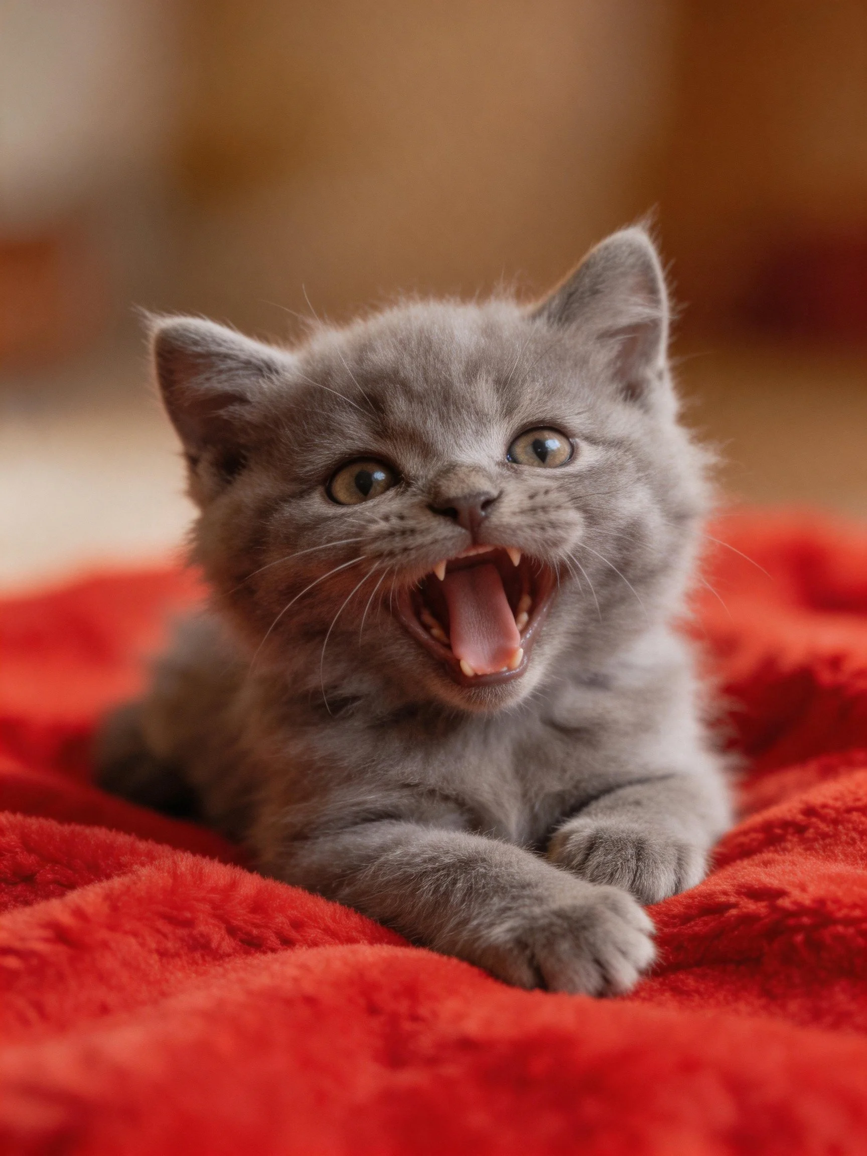 A gray kitten yawning on a vibrant red blanket