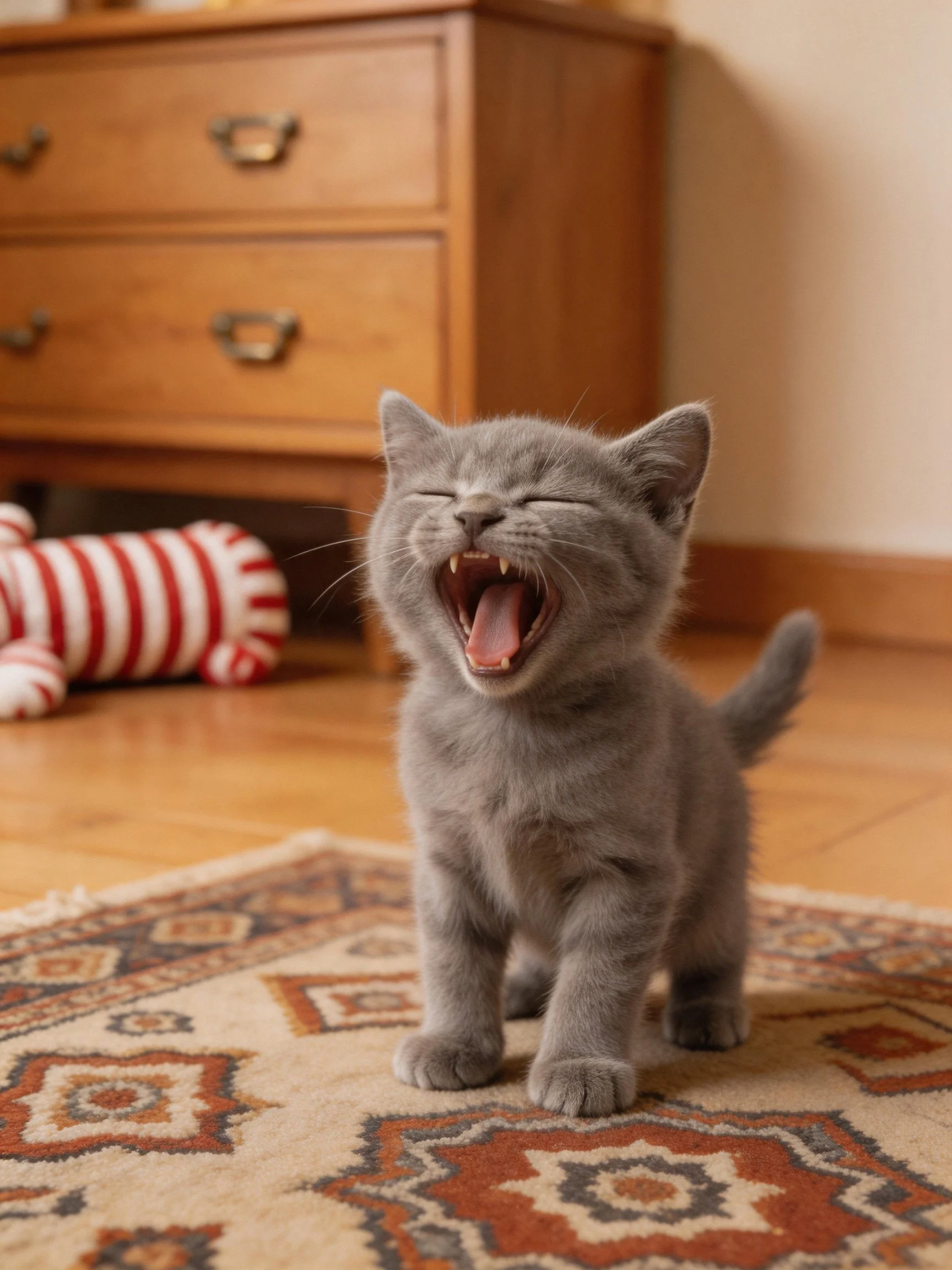 A gray kitten yawns beside a wooden dresser with a striped toy