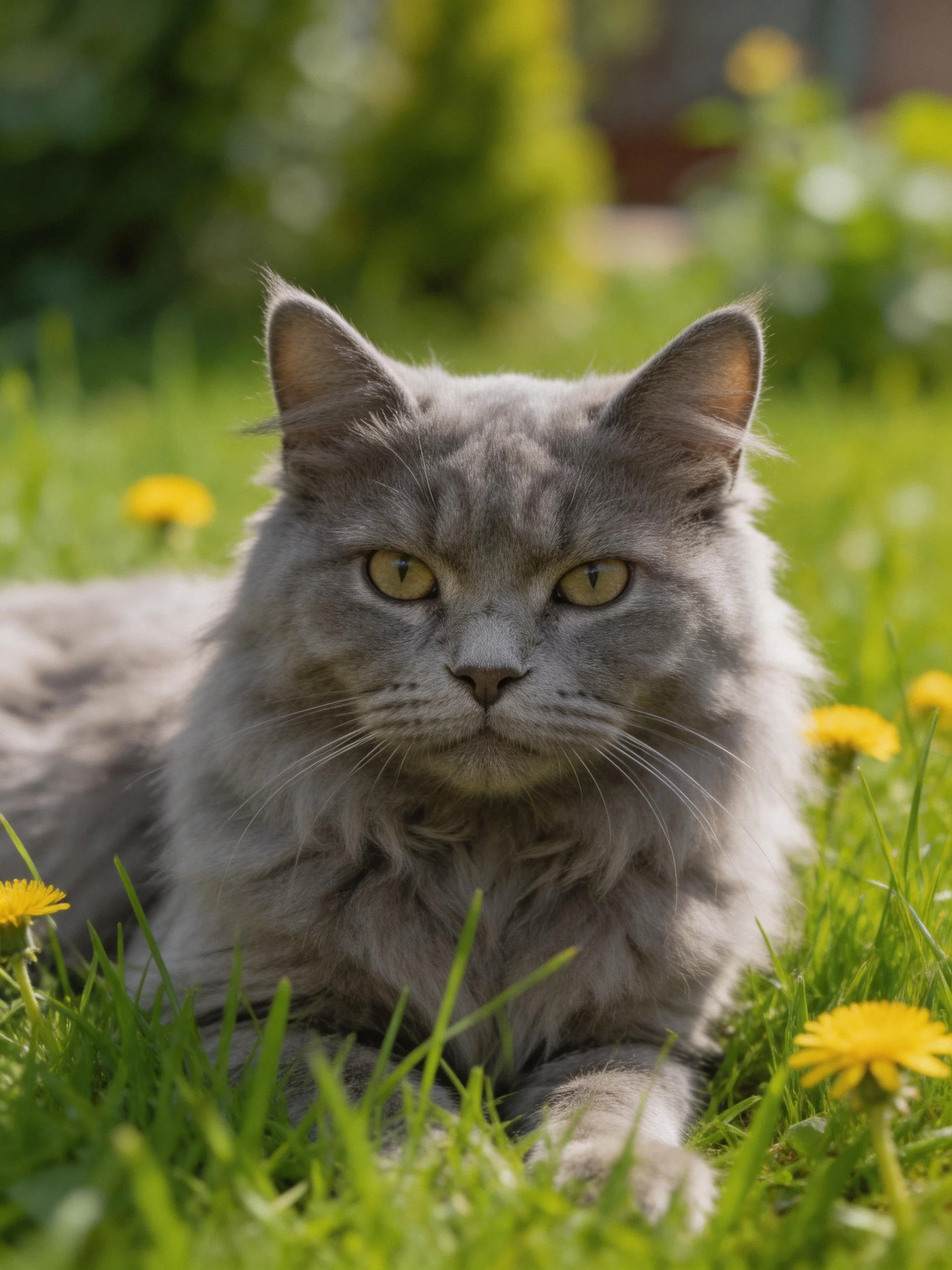 A gray long-haired cat resting among greengrass and yellow dandelions