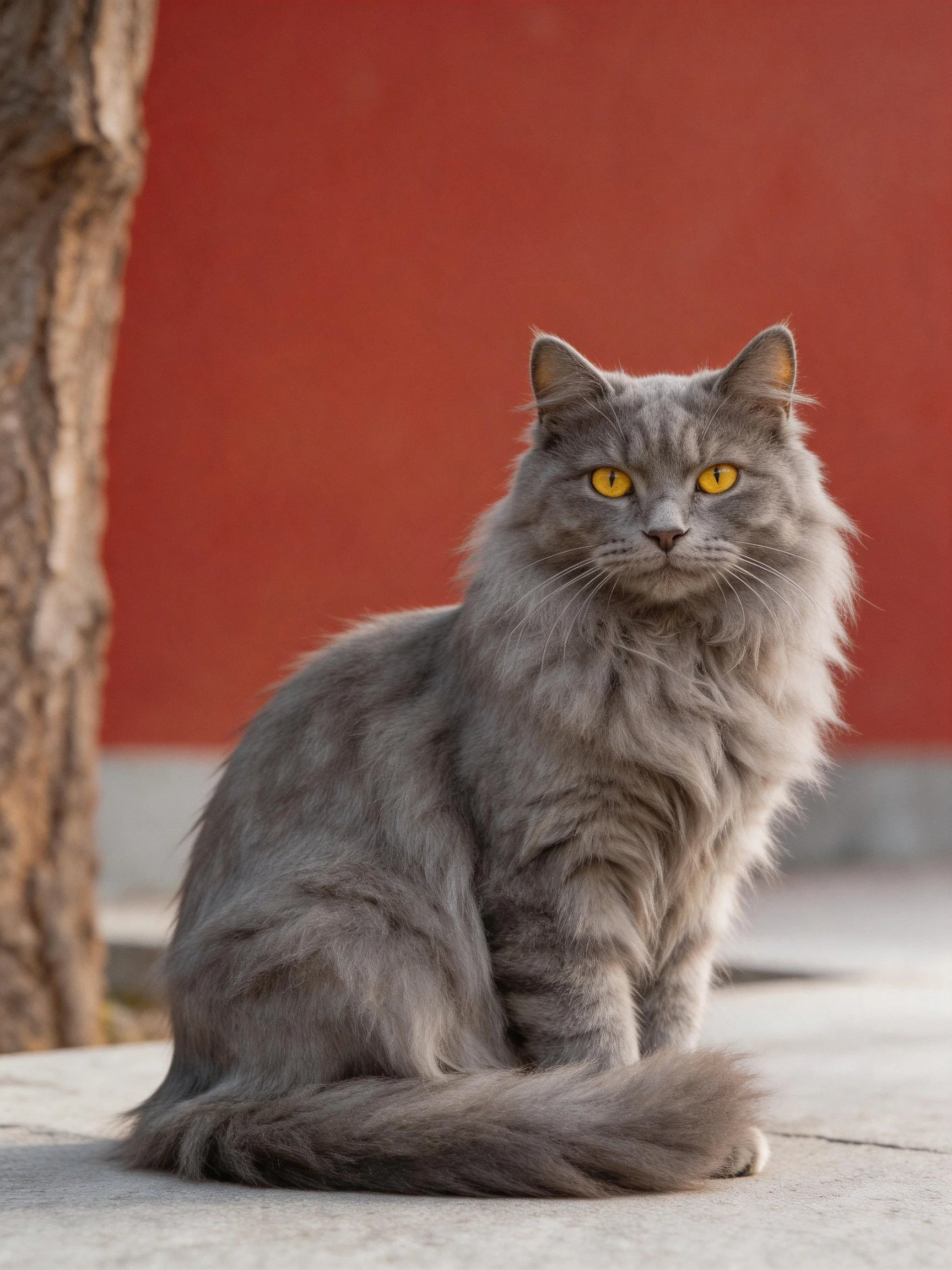A gray long-haired cat sits near a red wall with a tree trunk