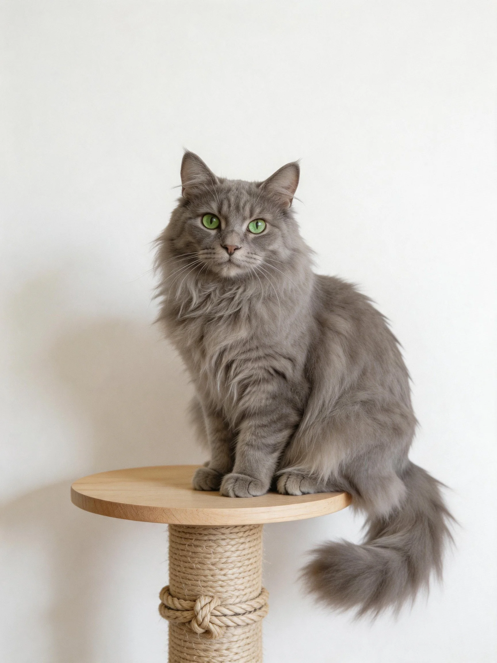 A gray long-haired cat sits on a wooden platform with rope details