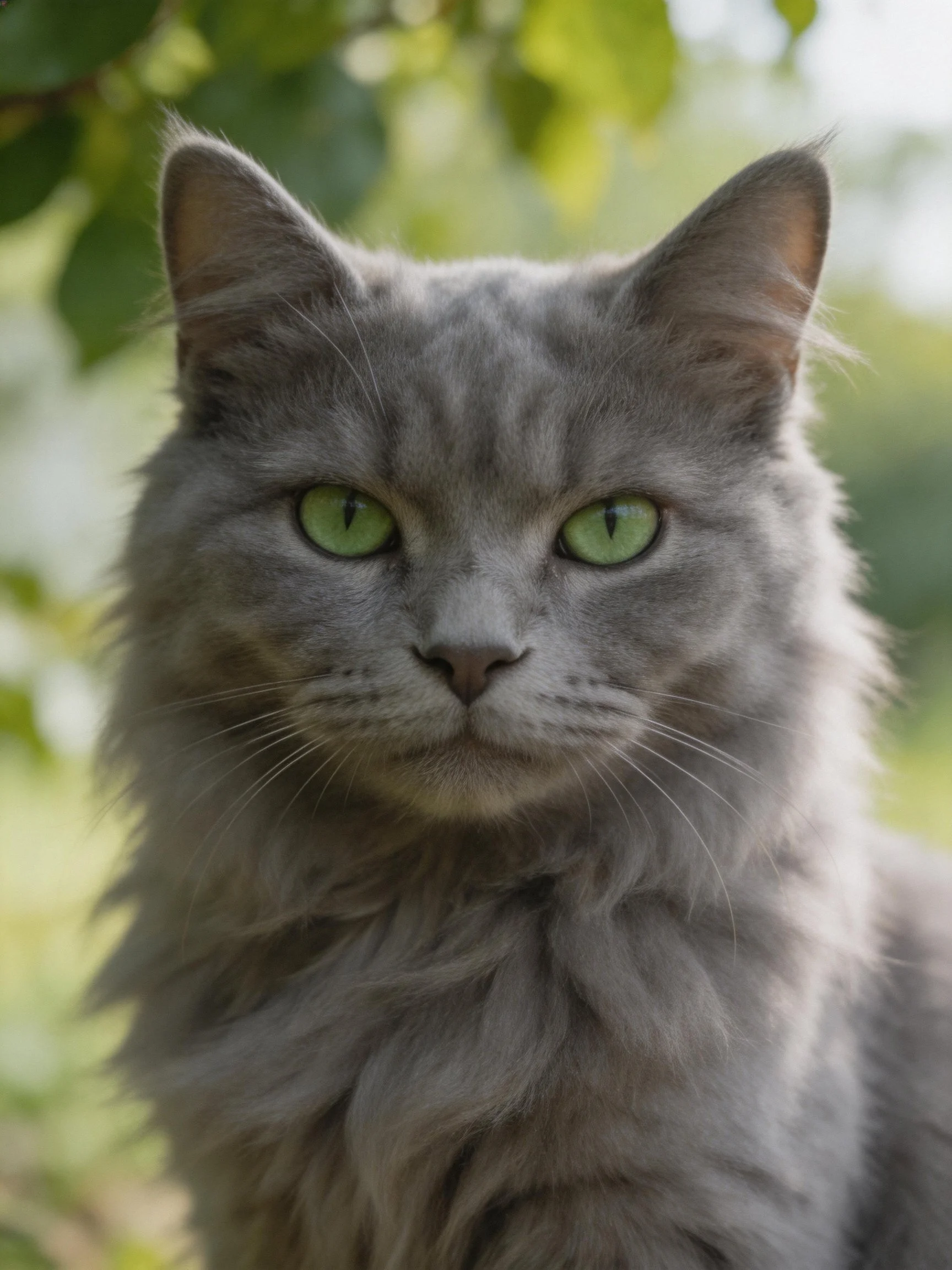 A gray long-haired cat with bright green eyes outdoors