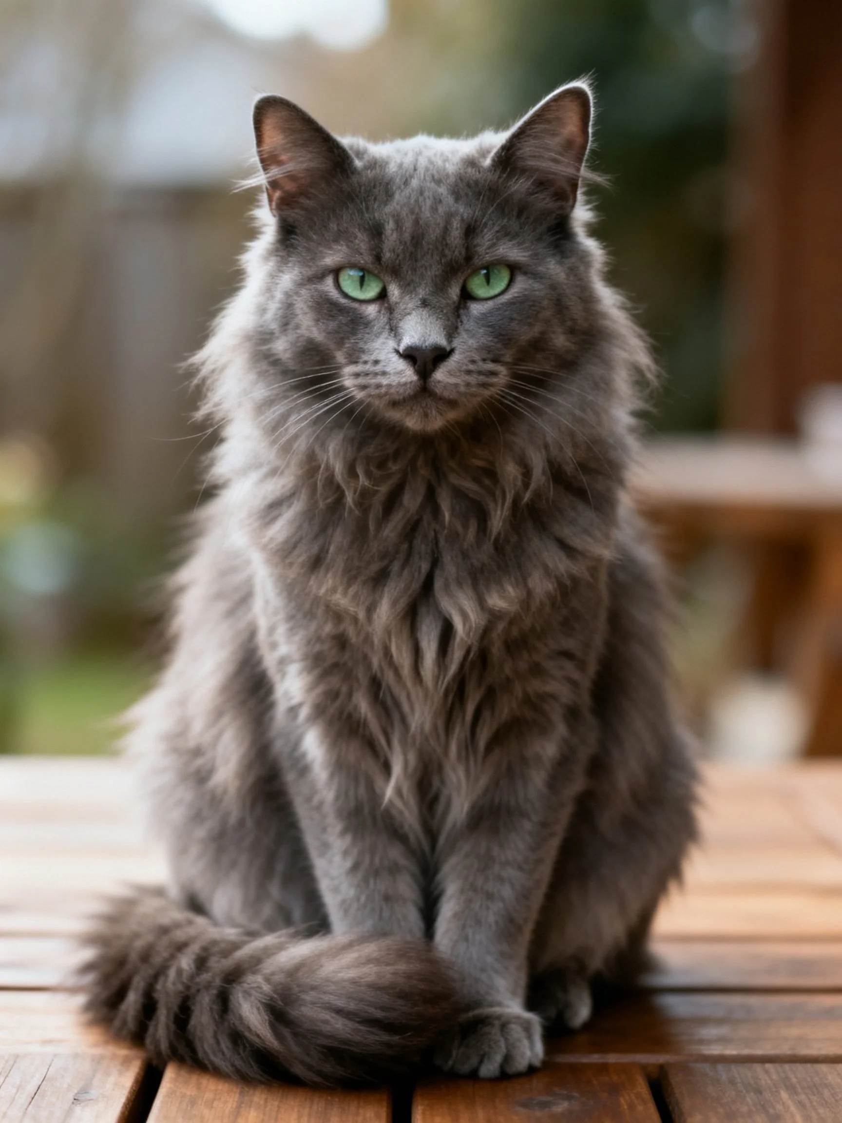 A gray long-haired cat with bright green eyes sits on wood