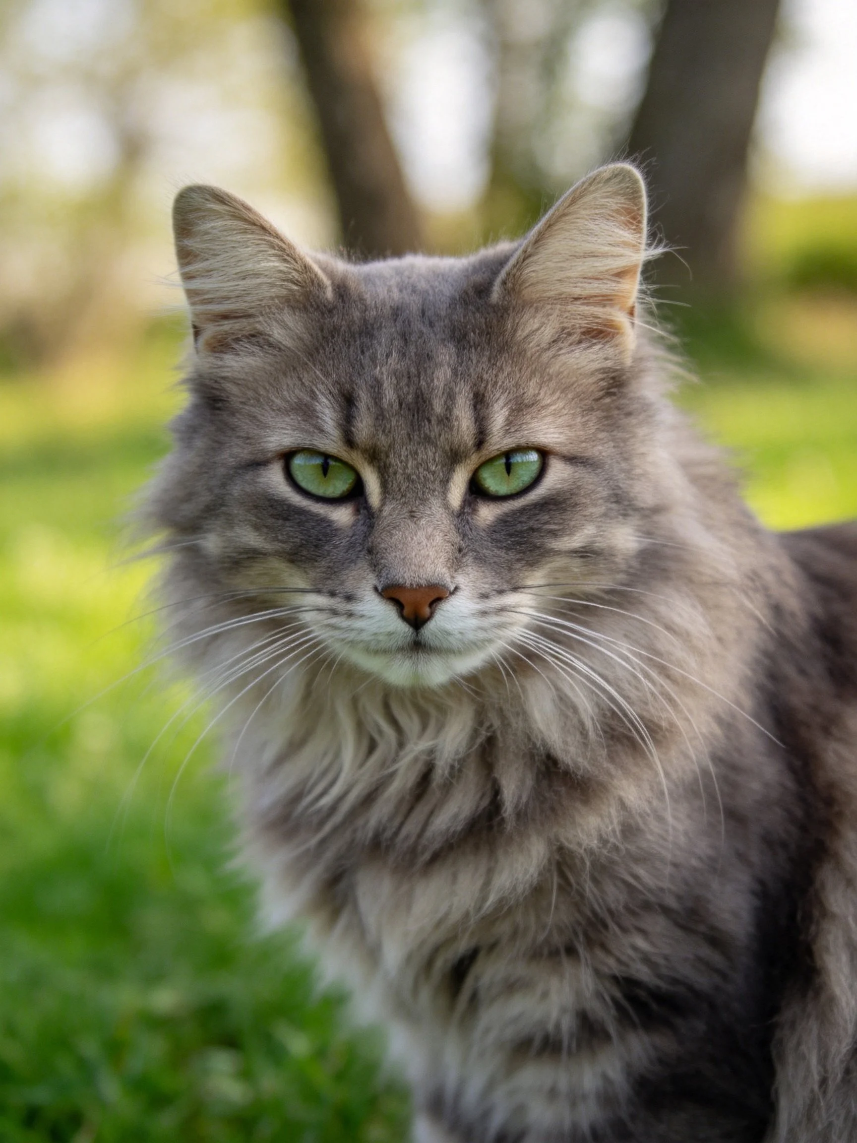 A gray long-haired cat with green eyes in a grassy outdoor setting