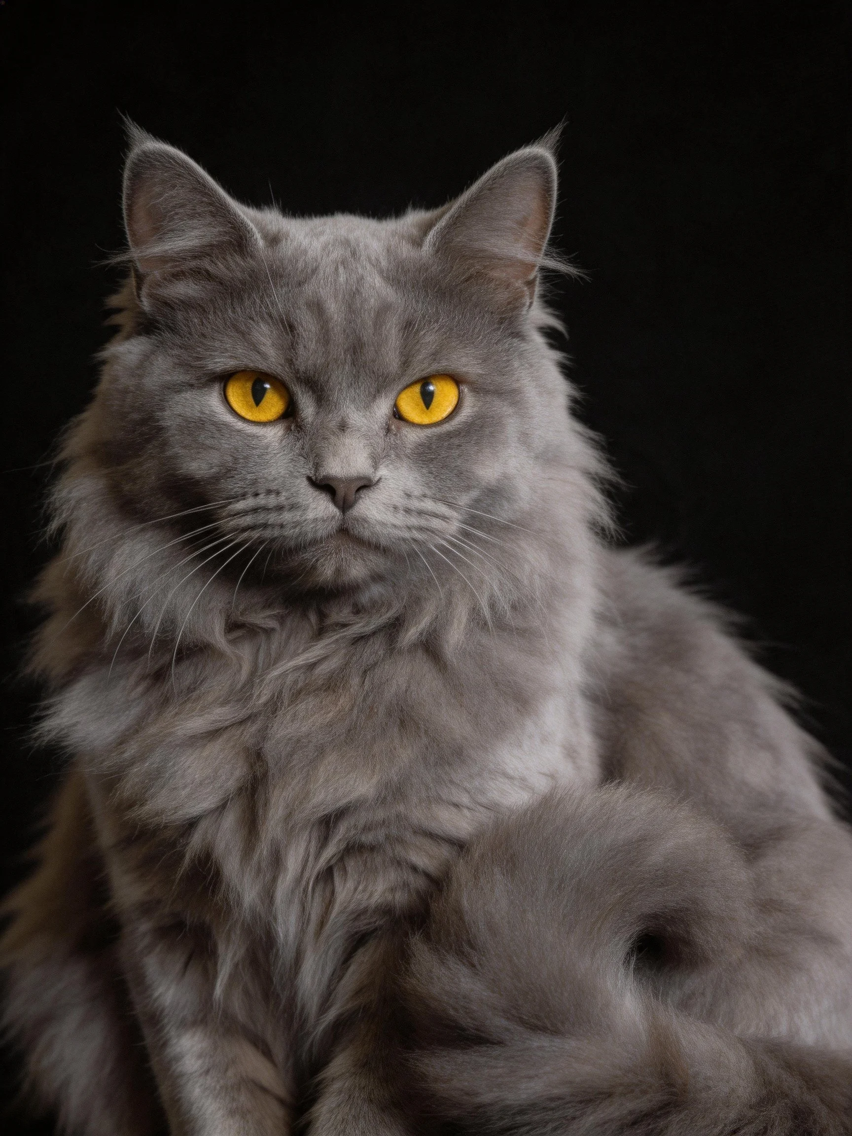 A gray long - haired cat with striking yellow eyes on a black background