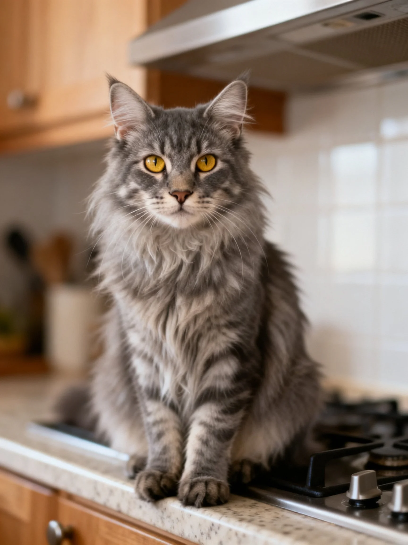 A gray long - haired cat with yellow eyes sits on a kitchen stove near cabinets and a stove