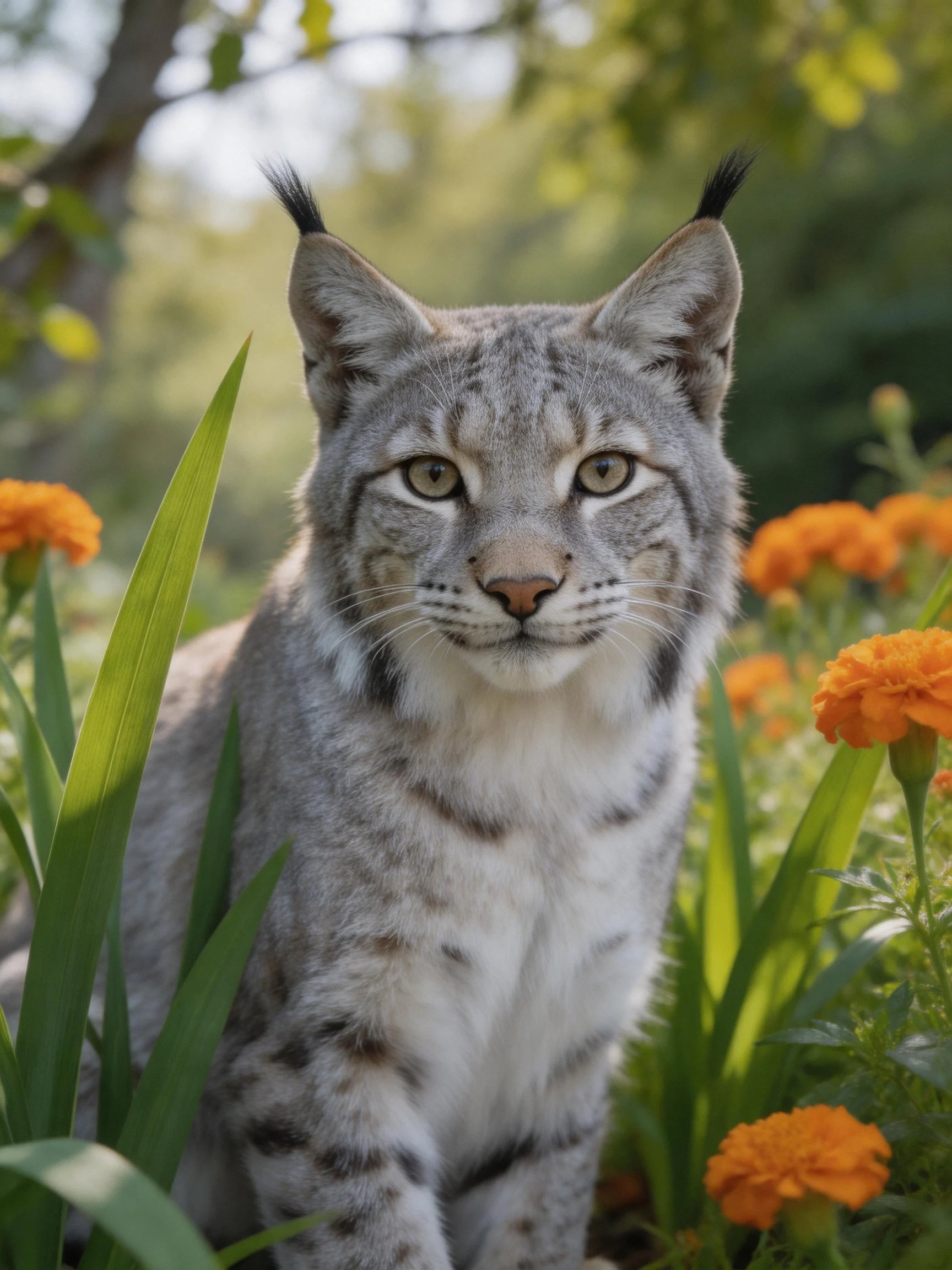 A gray lynx is nestled among orange flowers and greenery in a sunlit environment.