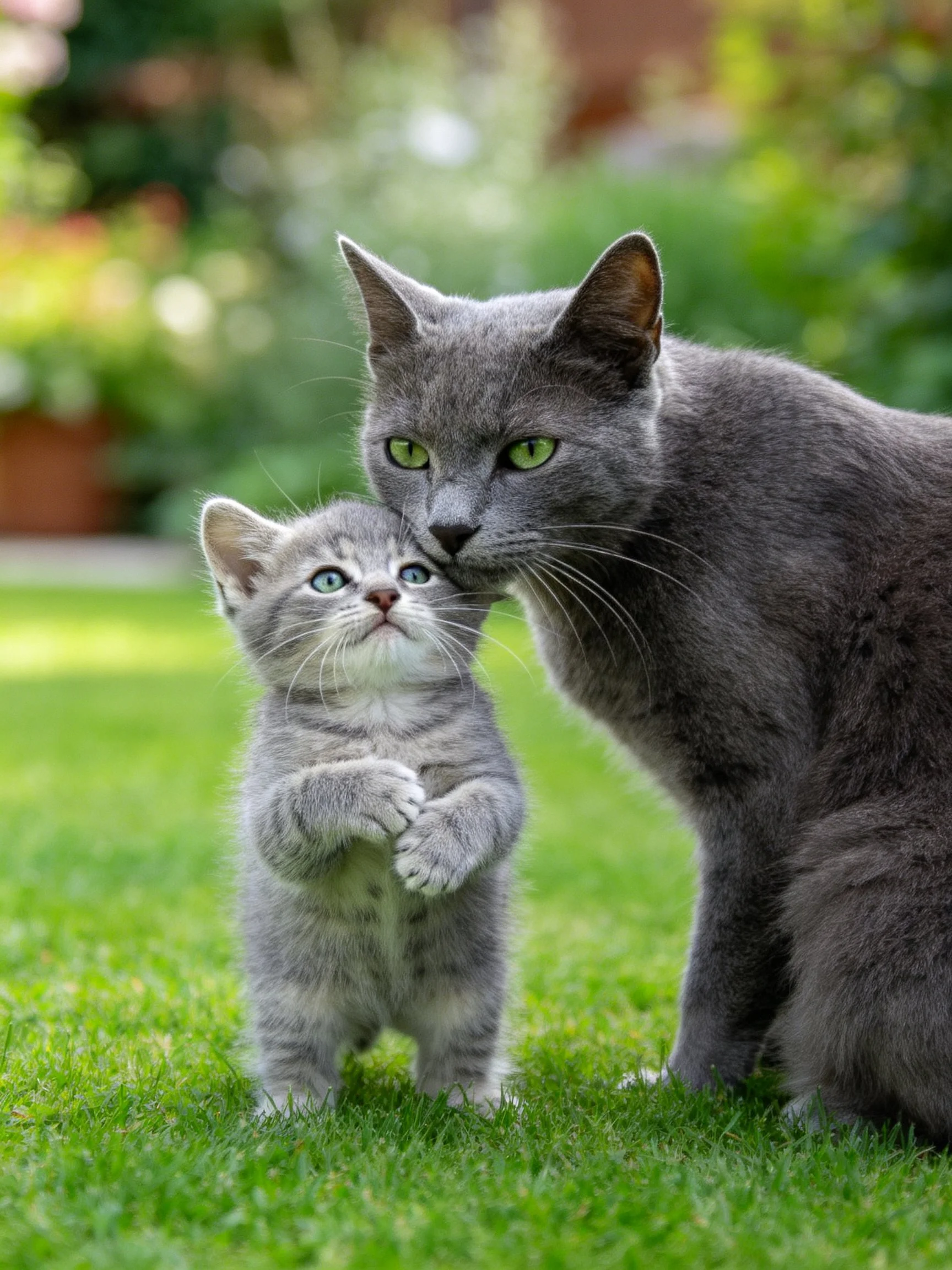 A gray mother cat nuzzles her small gray kitten on green grass