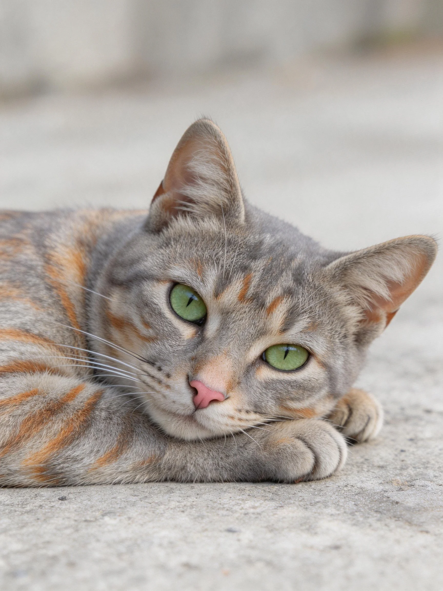 A gray-orange tabby cat with bright green eyes resting on concrete
