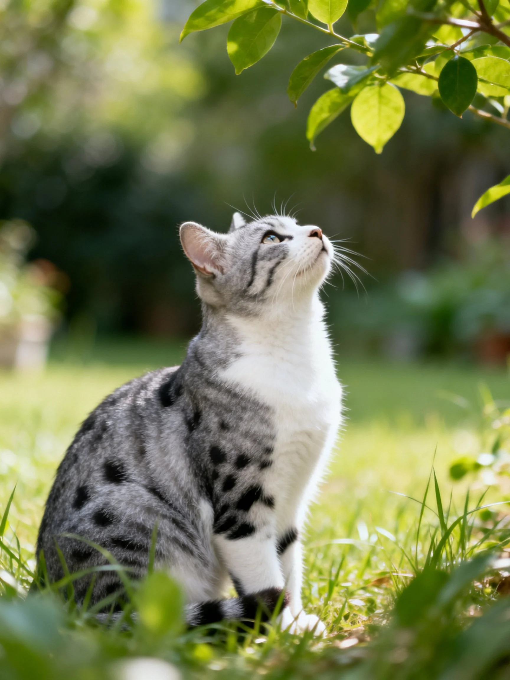 A gray-spotted cat gazes upward at lush green foliage