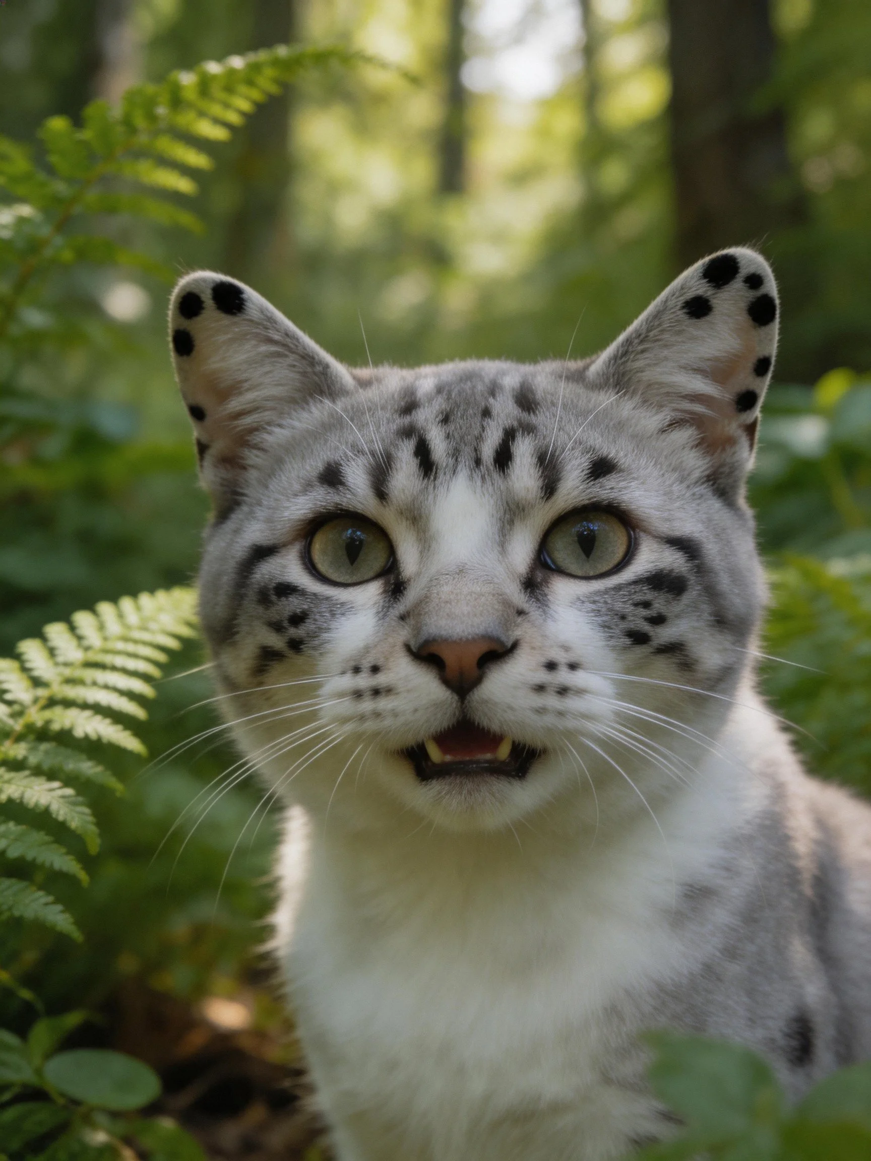 A gray-spotted cat with large green eyes in a verdant forest