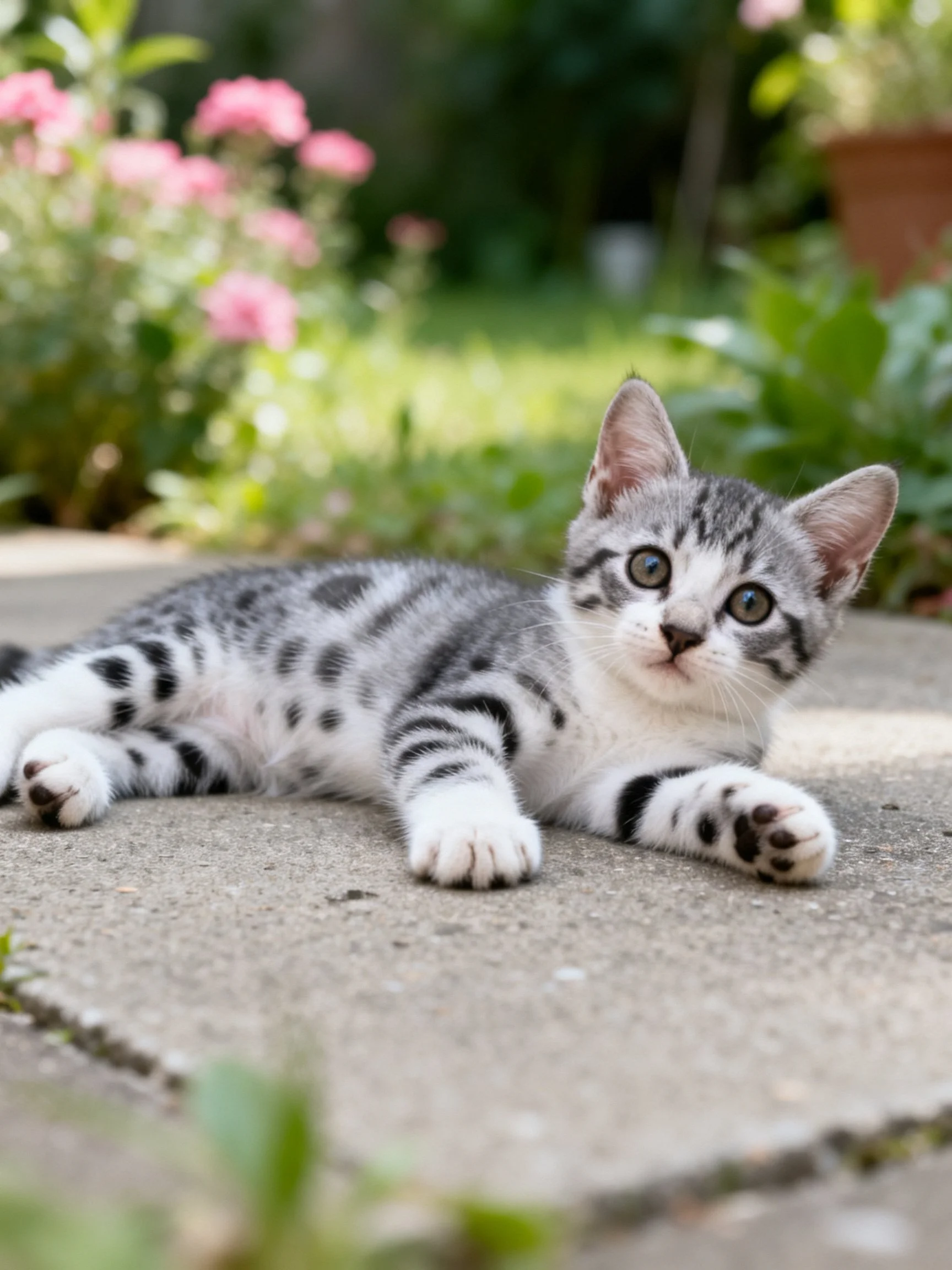 A gray-spotted kitten rests on concrete near pink-flowered plants