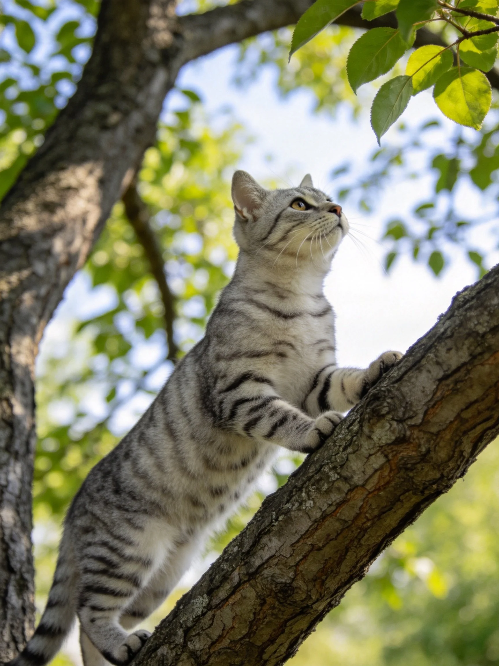 A gray striped cat climbing a tree branch amid lush green foliage