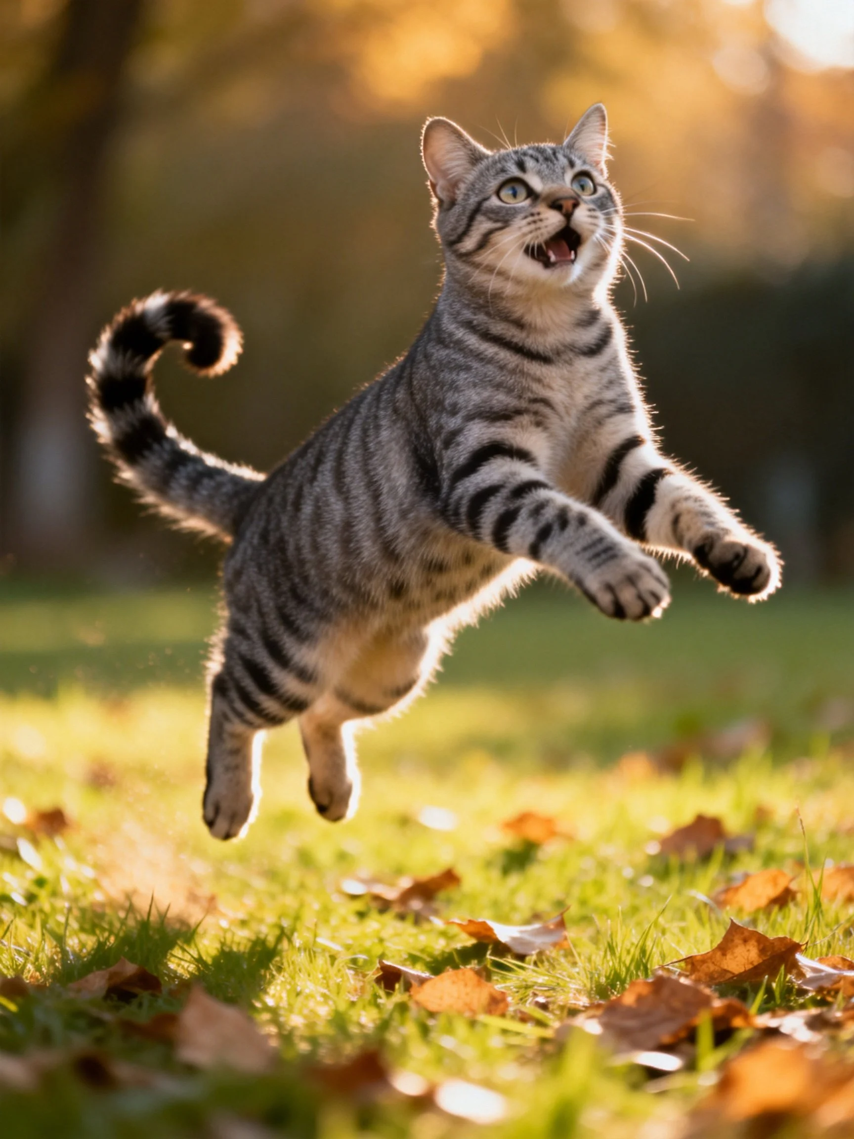 A gray striped cat leaps through golden autumn light
