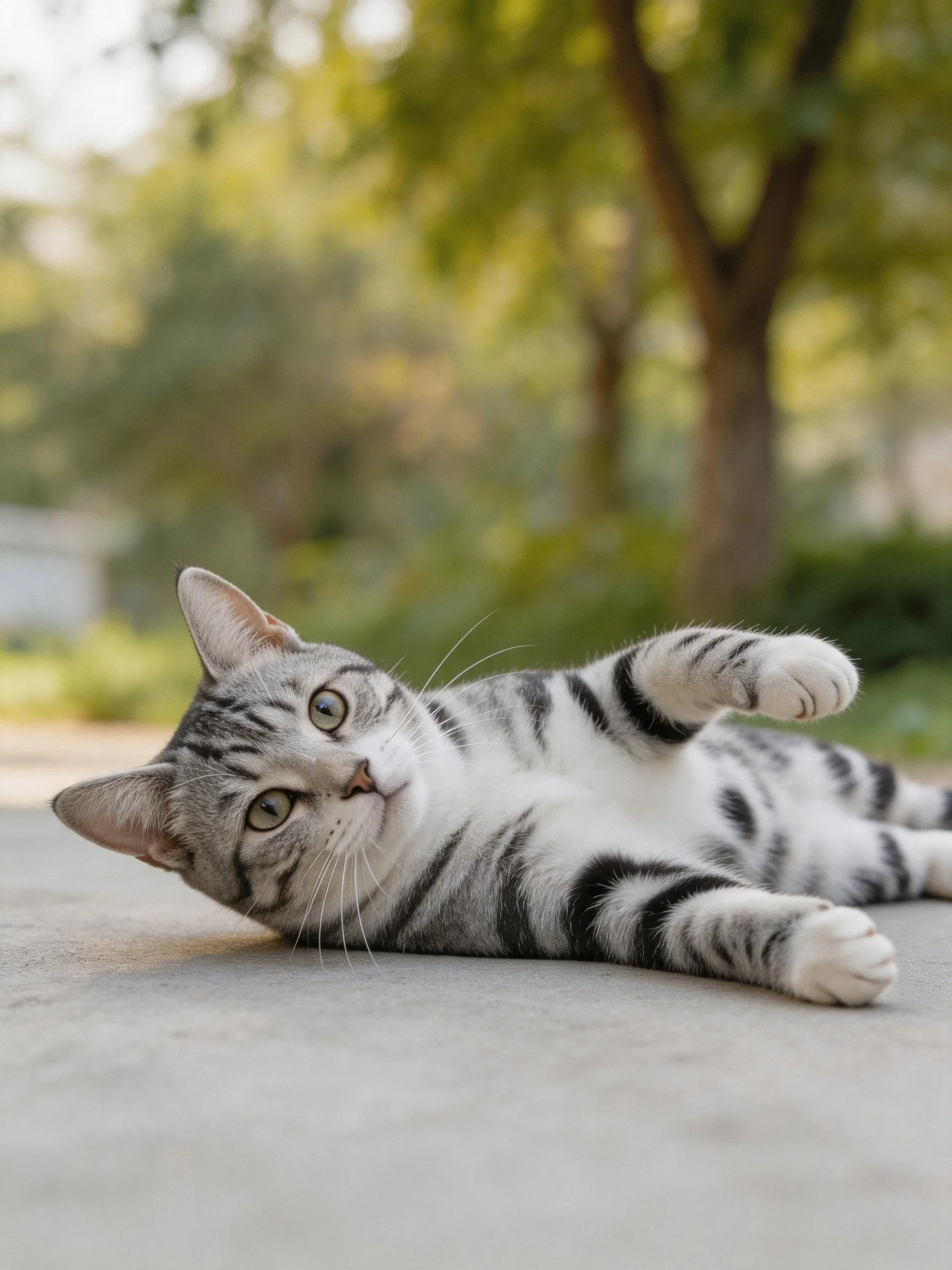 A gray striped cat lounging on a concrete surface outdoors
