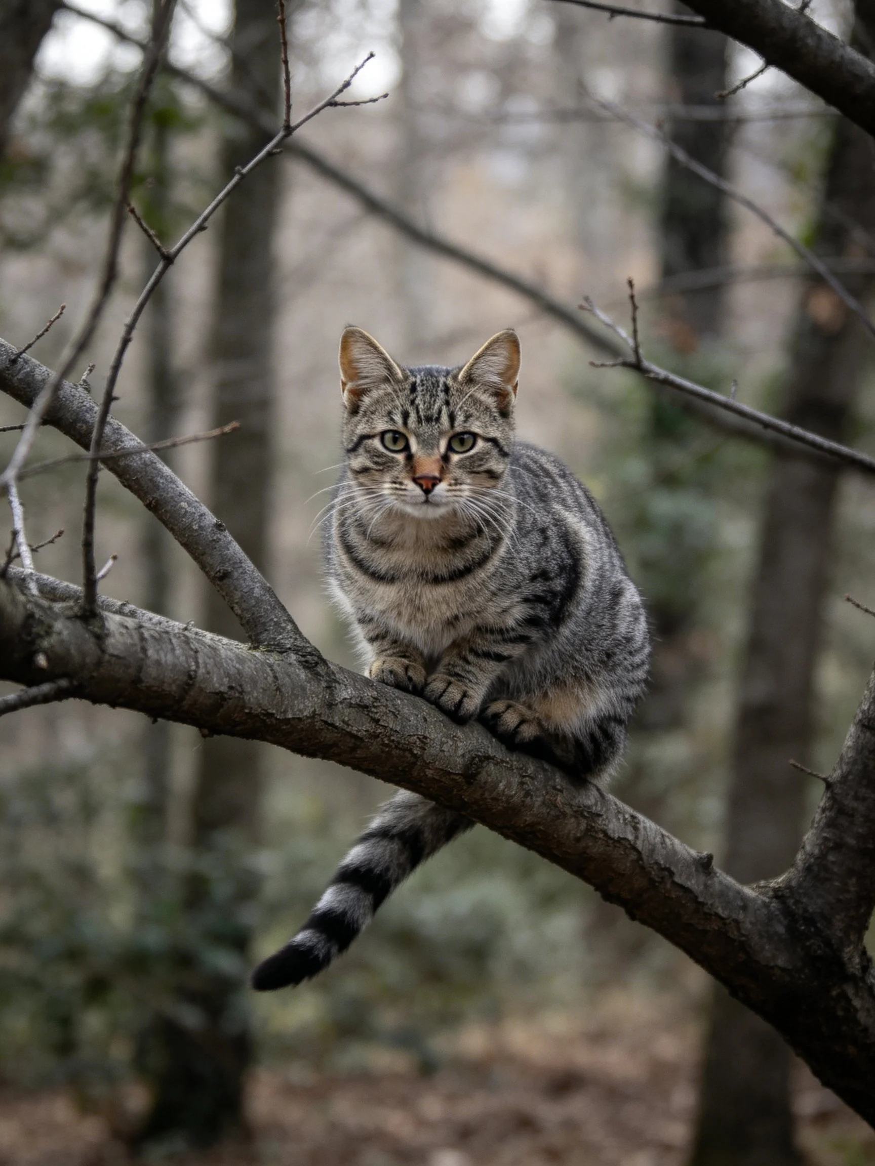 A gray-striped cat perched on a dark wooden tree branch