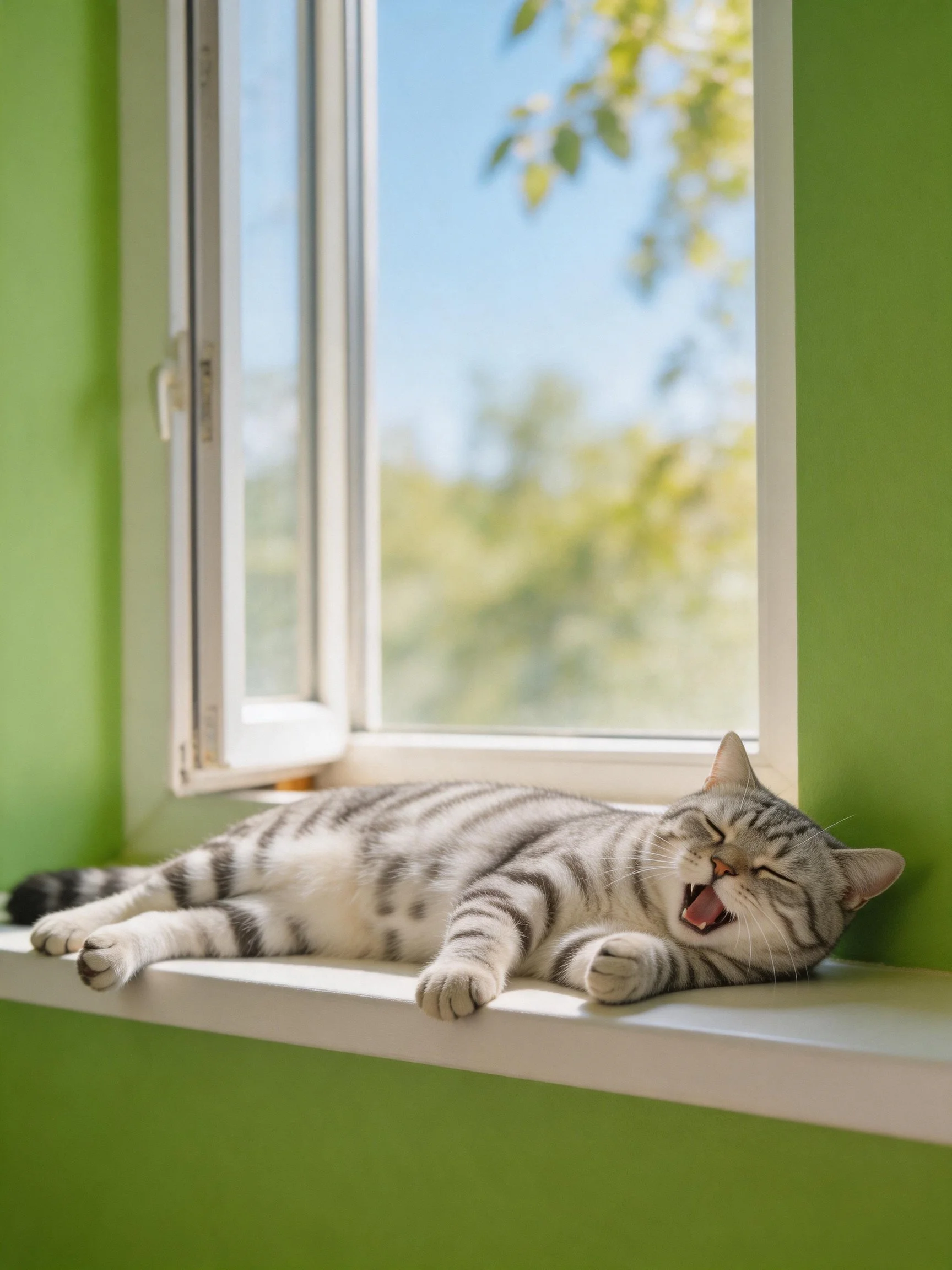 A gray-striped cat resting on an open window ledge with green walls