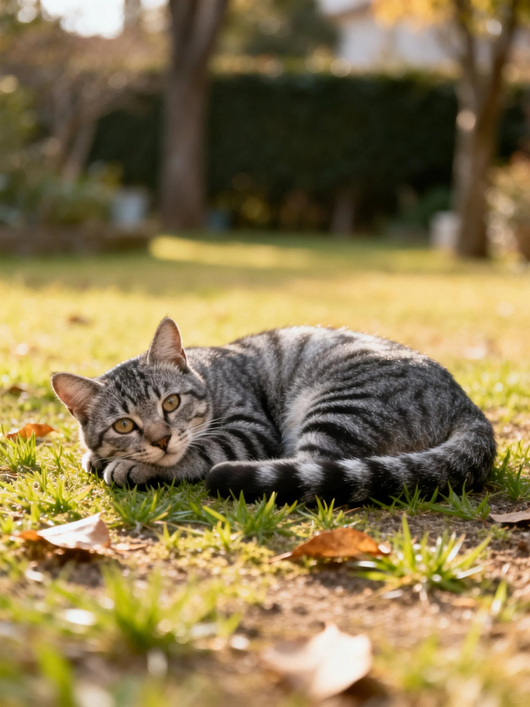 A gray striped cat resting on sunlit grass with scattered leaves