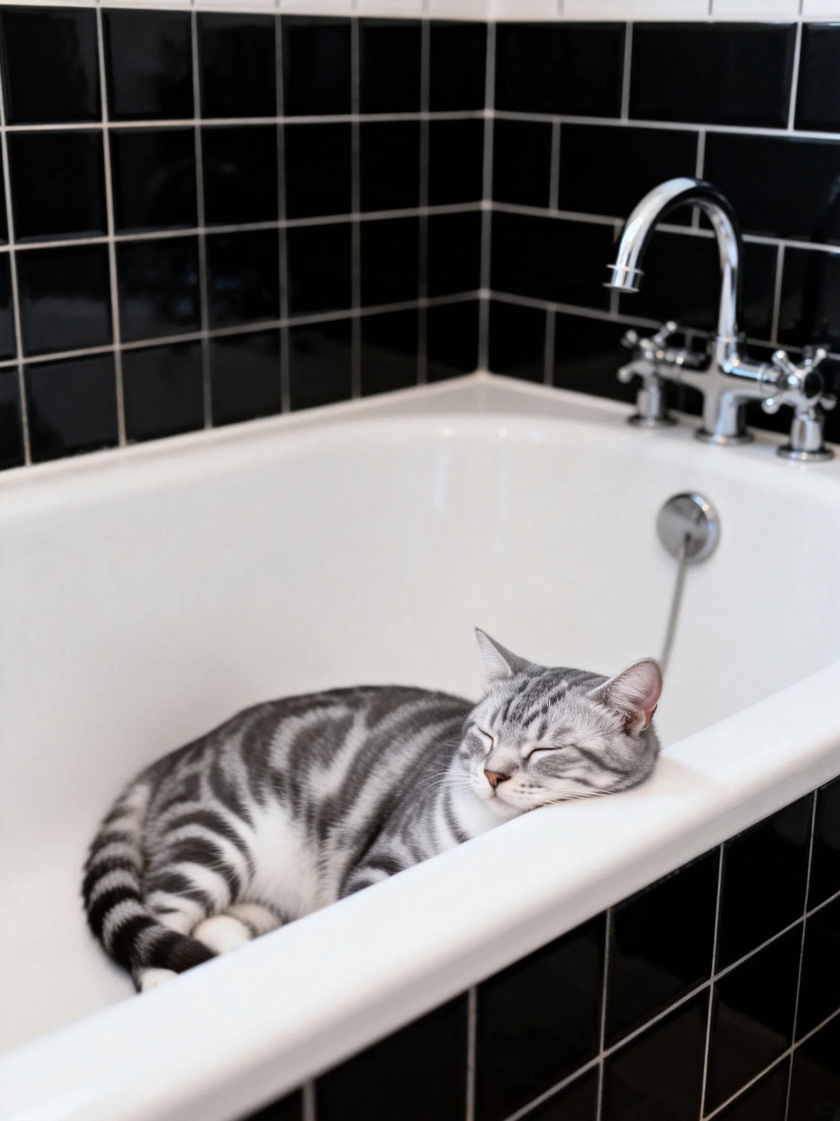 A gray tabby cat sleeps in a white bathtub near black tiled walls
