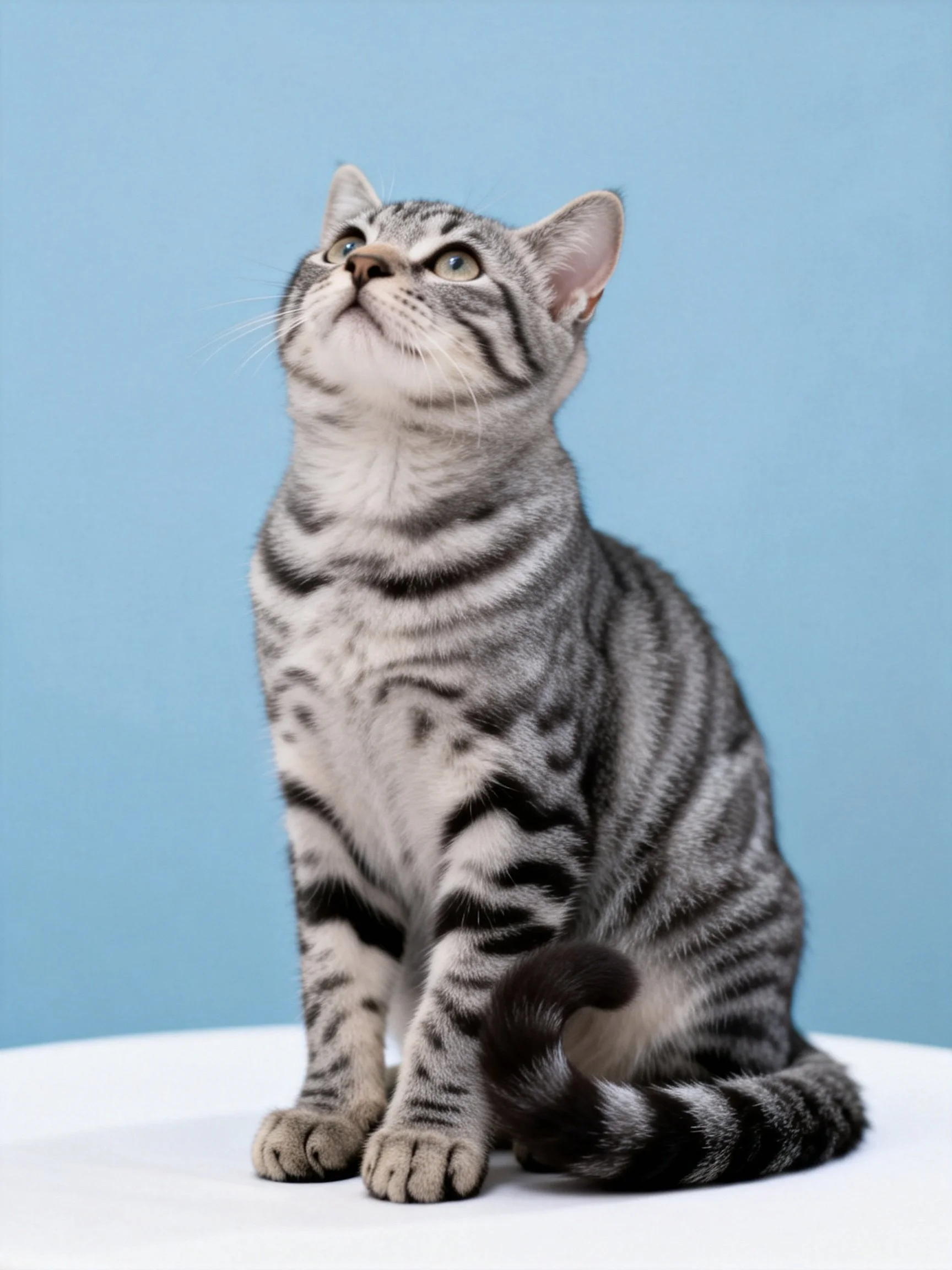A gray striped cat looks upward while seated on a white surface with a blue background.