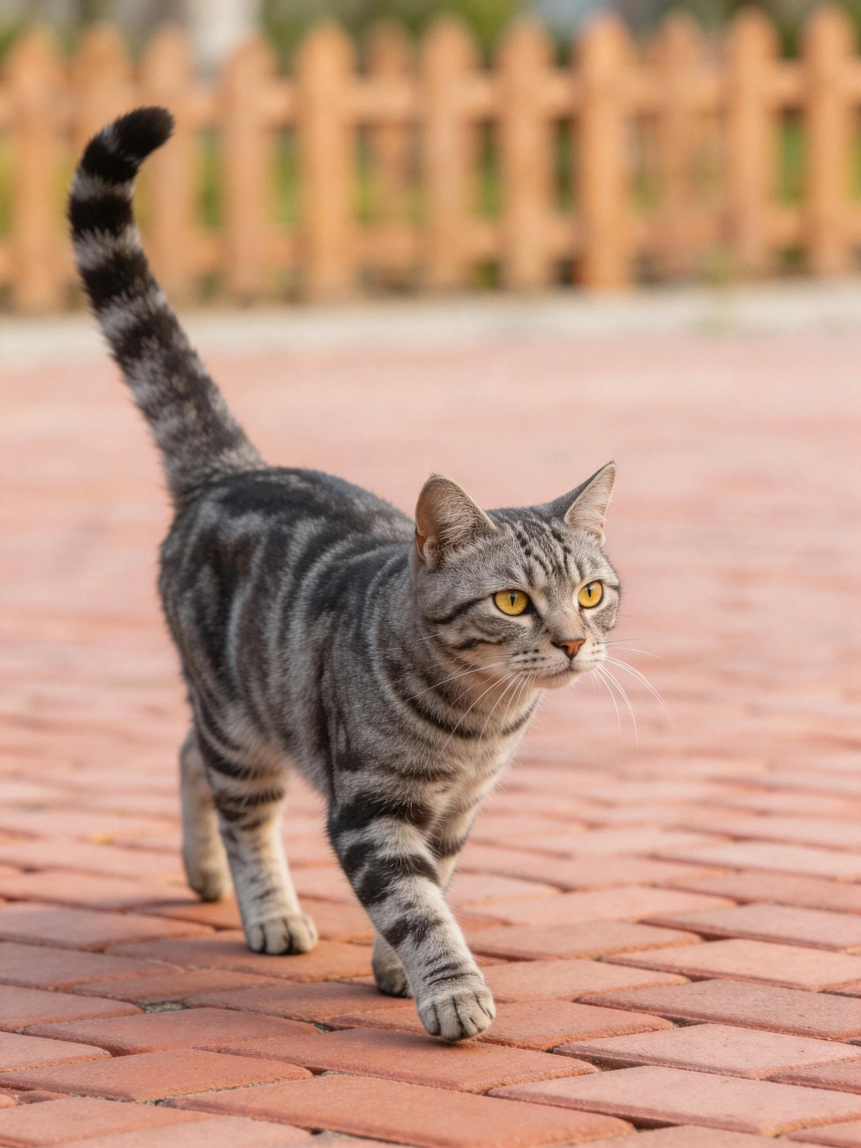 A gray striped cat walking on red brick pavement near a wooden fence