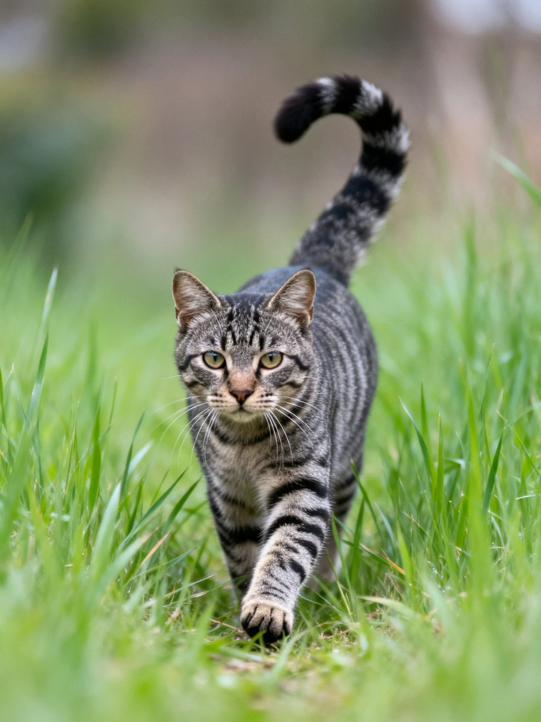A gray-striped cat walking through lush green grass