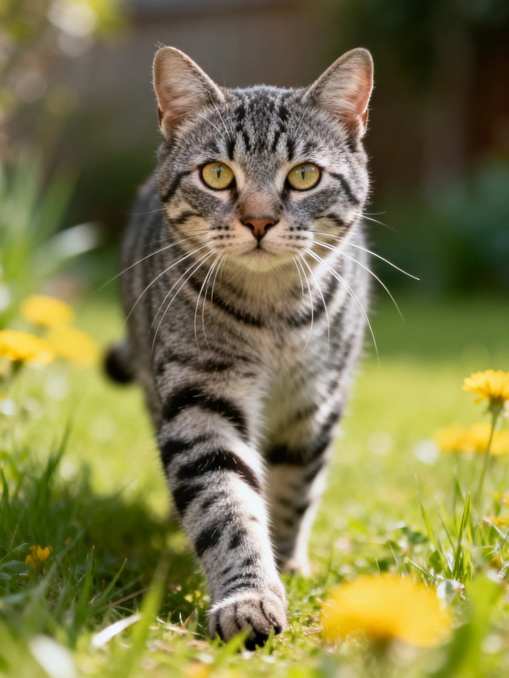 A gray striped cat walks among yellow flowers in grass